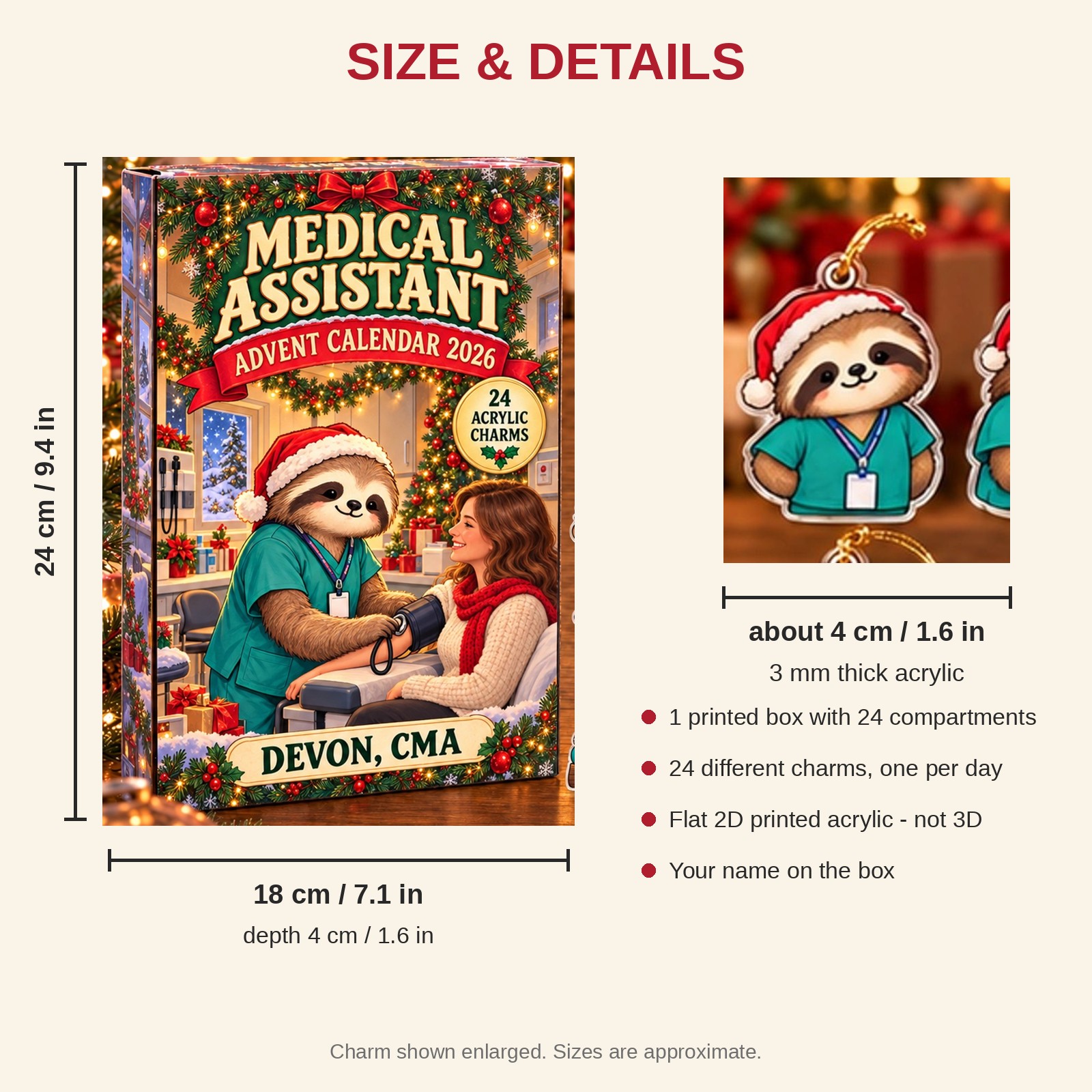 Personalized Medical Assistant Sloth advent calendar box with 24 flat acrylic Christmas charms: box and charm sizes