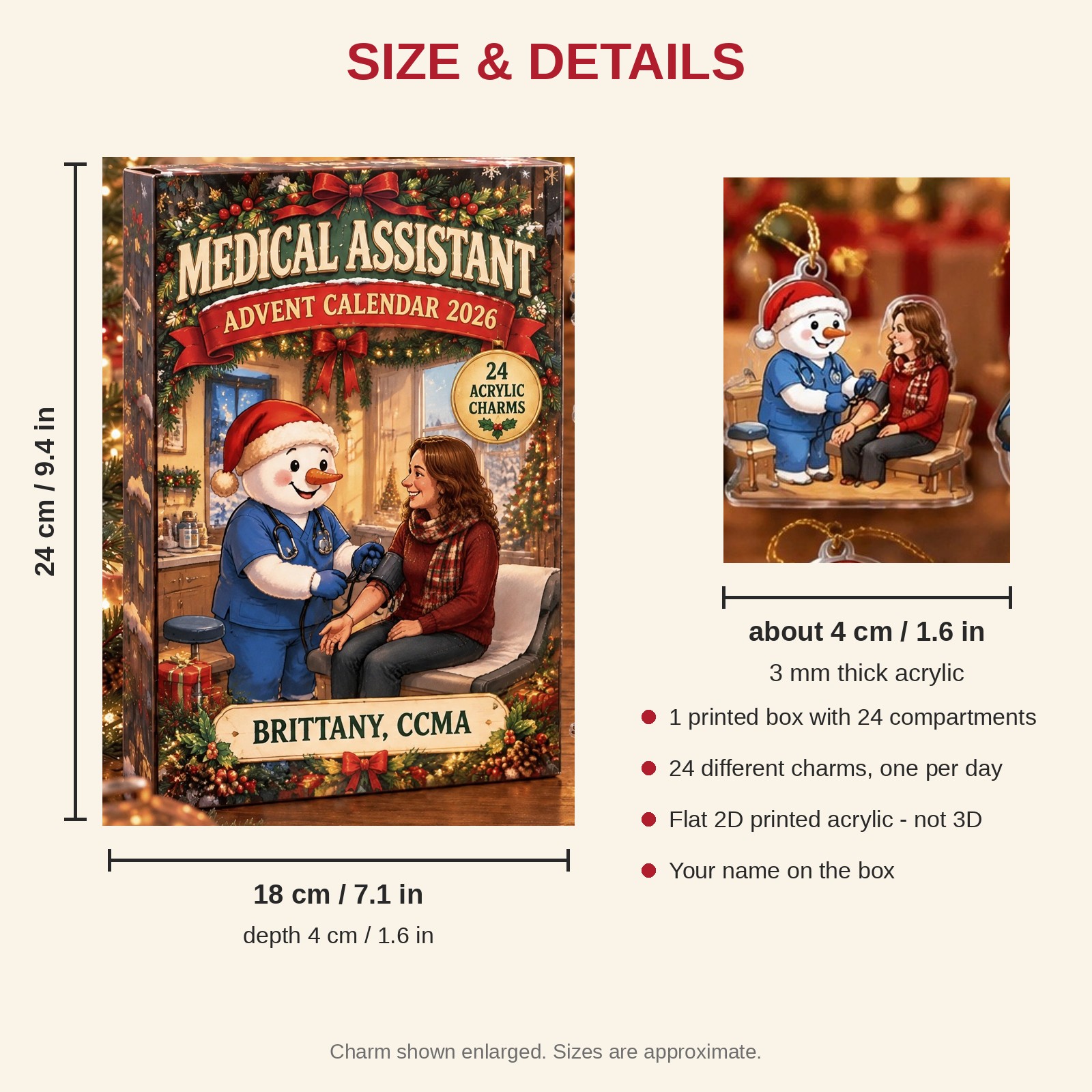 Personalized Medical Assistant Snowman advent calendar box with 24 flat acrylic Christmas charms: box and charm sizes