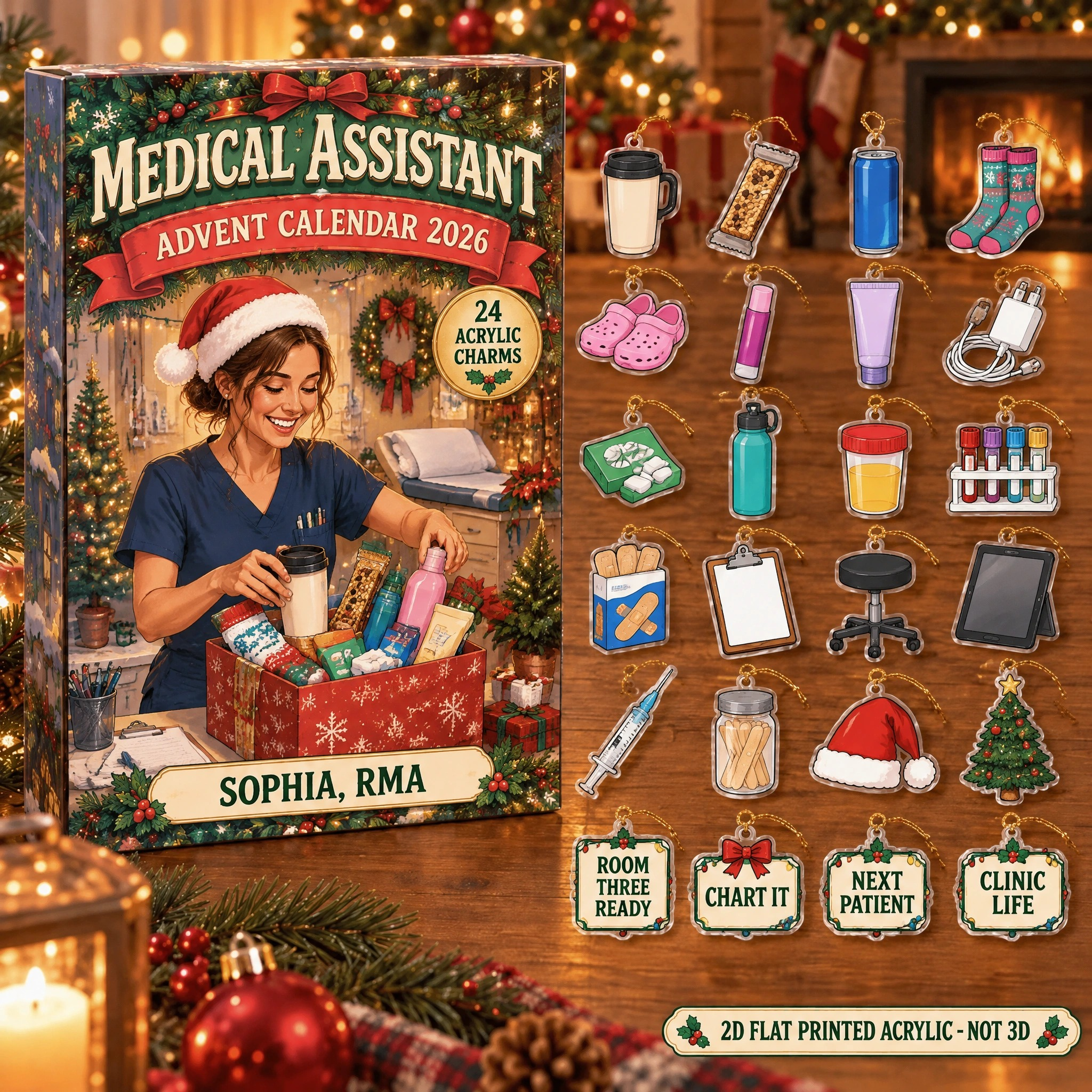 Personalized Med Assistant Survival Kit advent calendar box with 24 flat acrylic Christmas charms