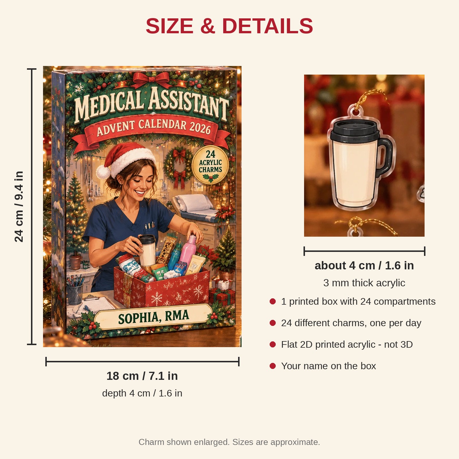 Personalized Med Assistant Survival Kit advent calendar box with 24 flat acrylic Christmas charms: box and charm sizes