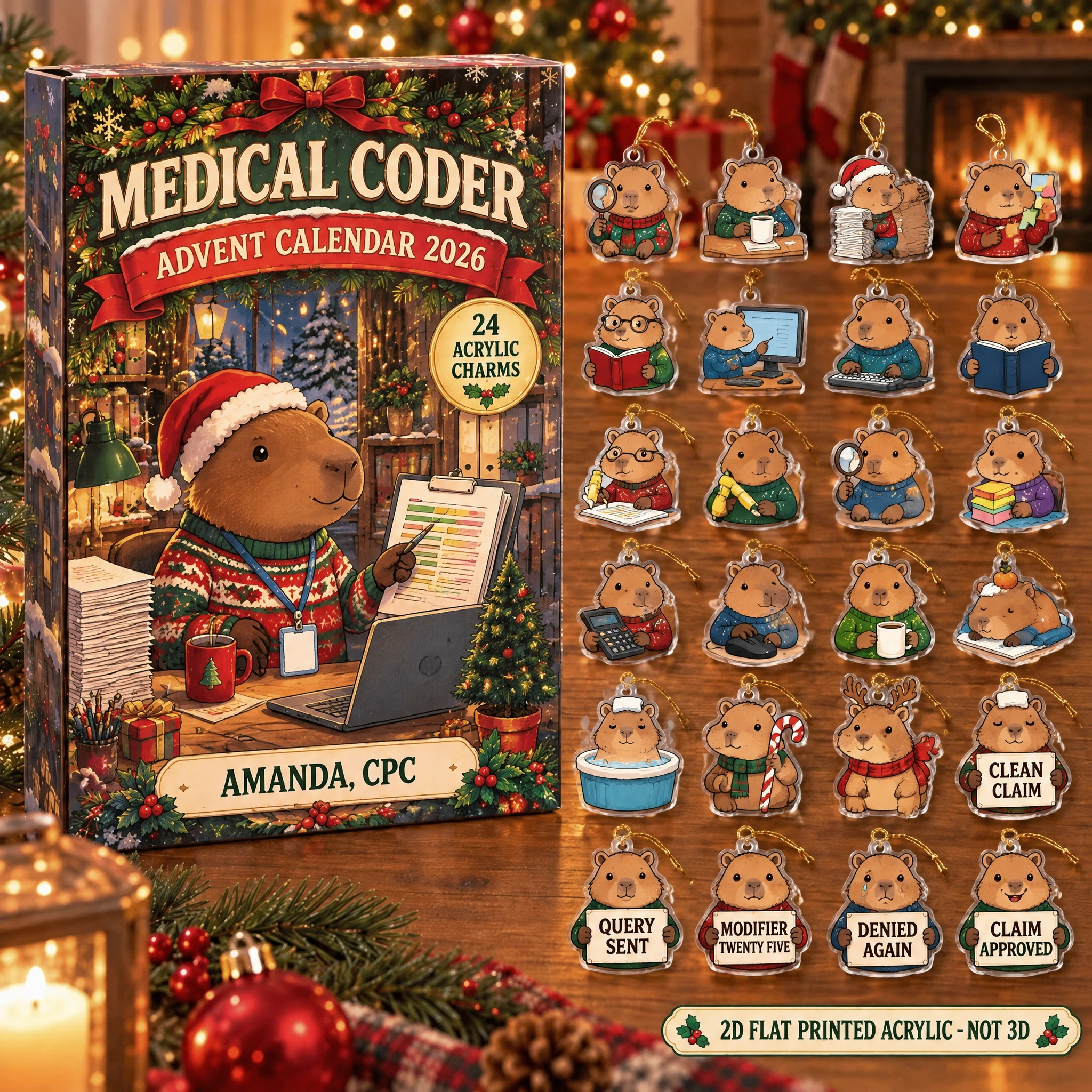 Personalized Medical Coder Capybara advent calendar box with 24 flat acrylic Christmas charms