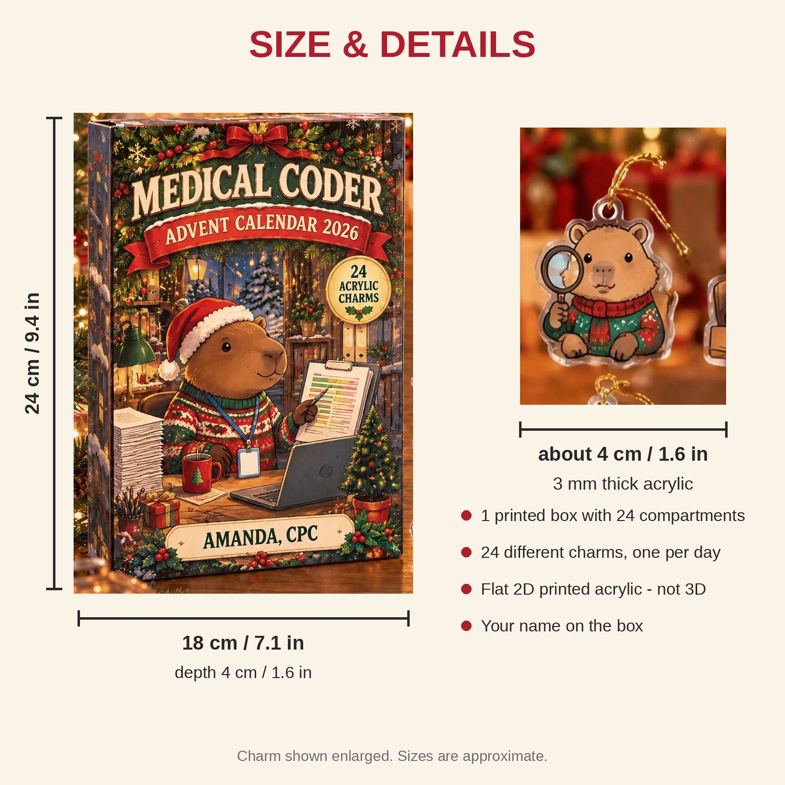 Personalized Medical Coder Capybara advent calendar box with 24 flat acrylic Christmas charms: box and charm sizes