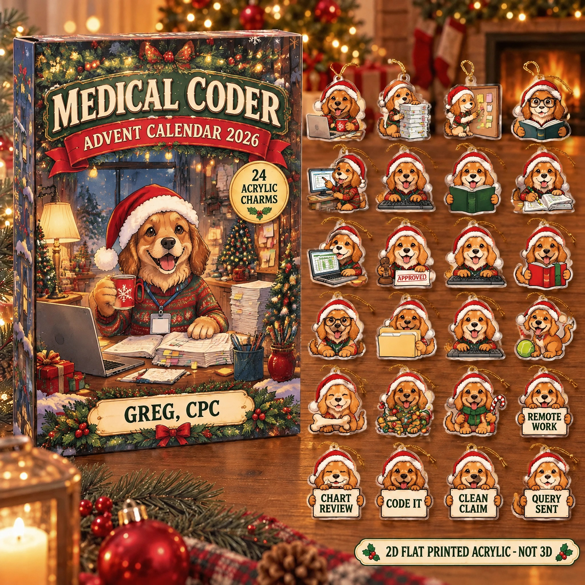 Personalized Medical Coder Dog advent calendar box with 24 flat acrylic Christmas charms