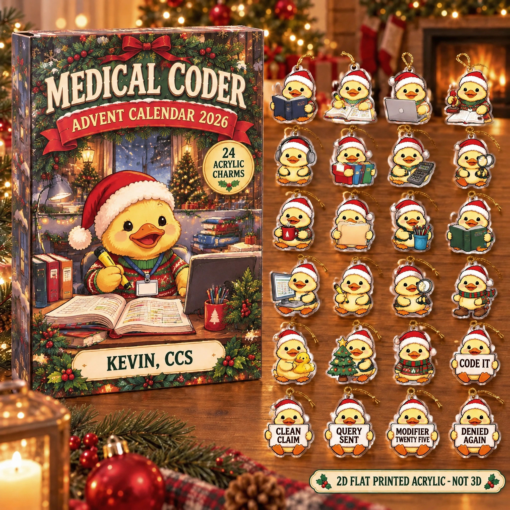 Personalized Medical Coder Duck advent calendar box with 24 flat acrylic Christmas charms