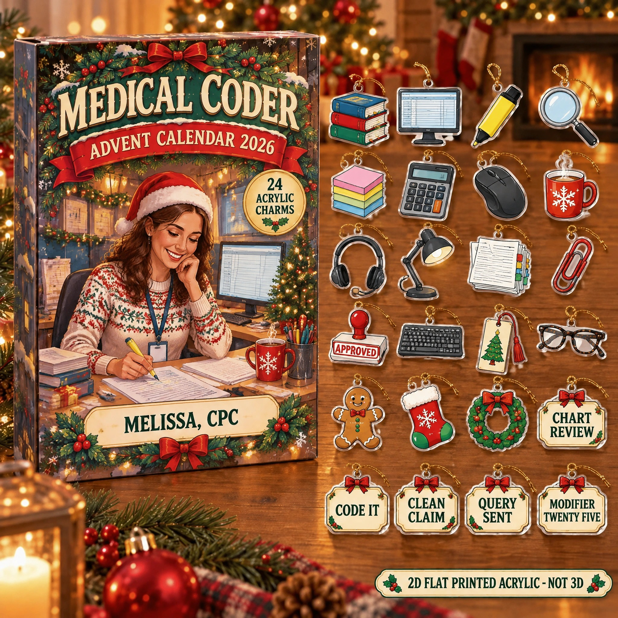 Personalized Medical Coder Essentials advent calendar box with 24 flat acrylic Christmas charms