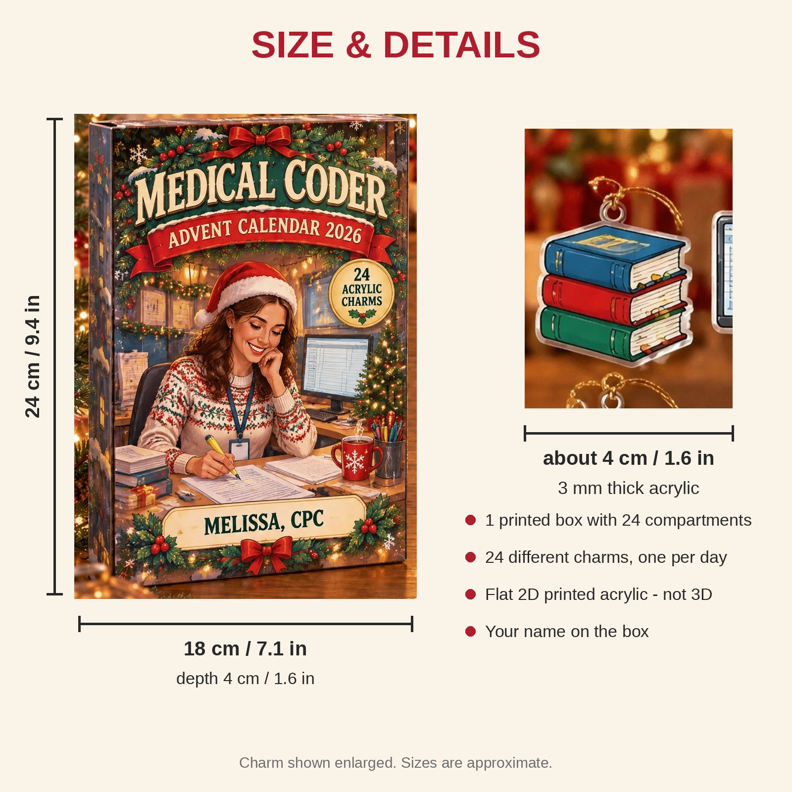 Personalized Medical Coder Essentials advent calendar box with 24 flat acrylic Christmas charms: box and charm sizes