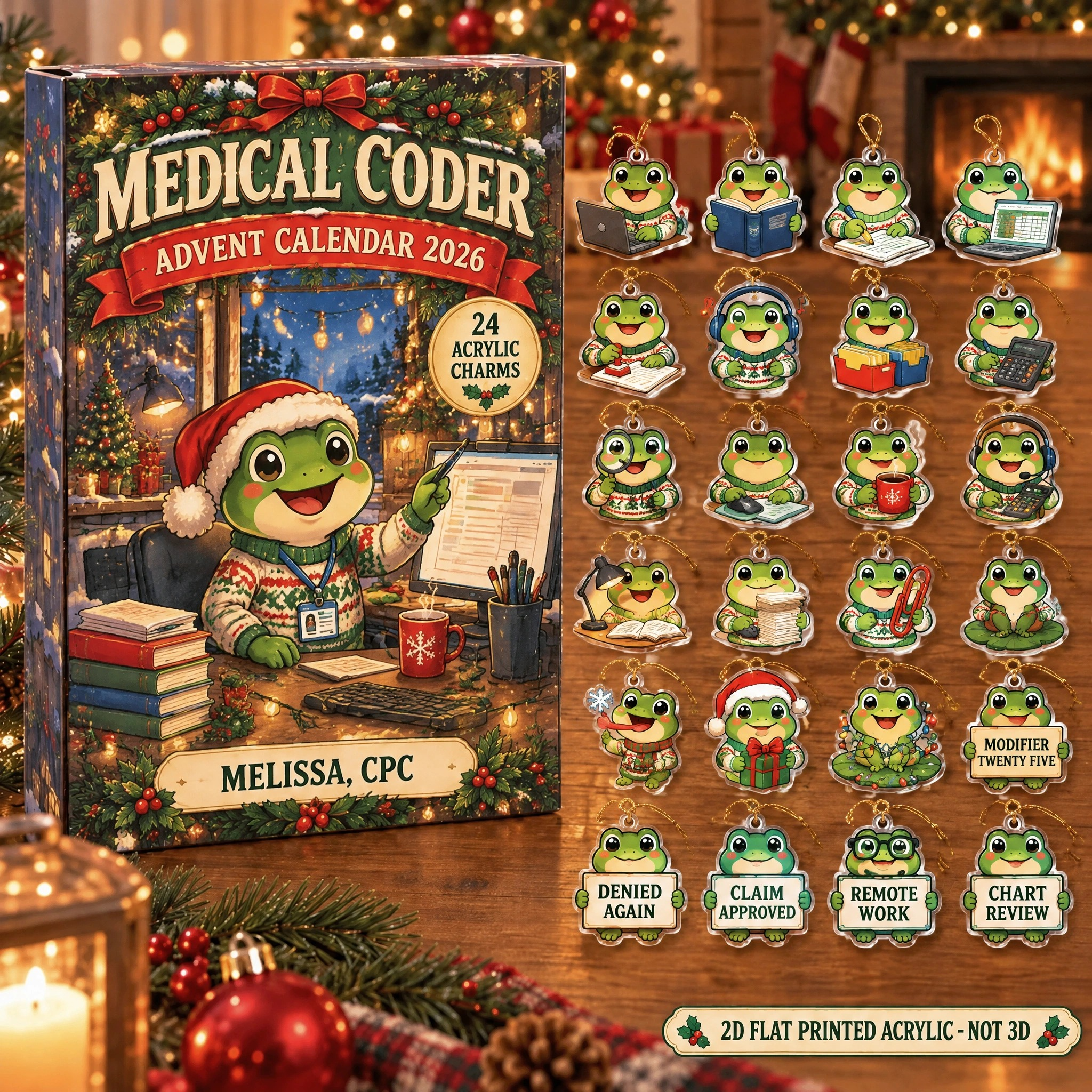 Personalized Medical Coder Frog advent calendar box with 24 flat acrylic Christmas charms