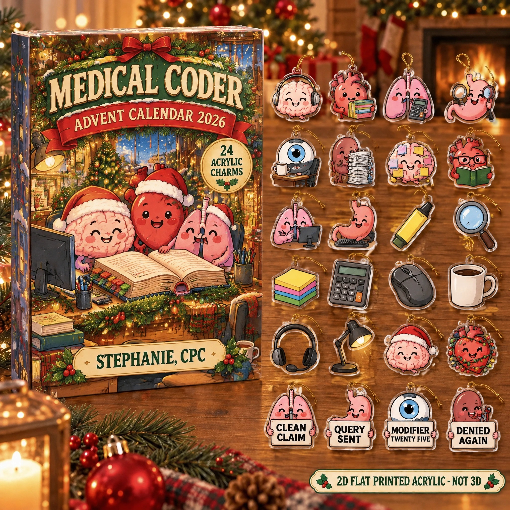 Personalized Funny Anatomy Medical Coder advent calendar box with 24 flat acrylic Christmas charms