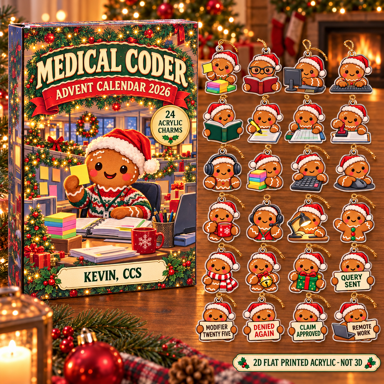 Personalized Gingerbread Medical Coder advent calendar box with 24 flat acrylic Christmas charms