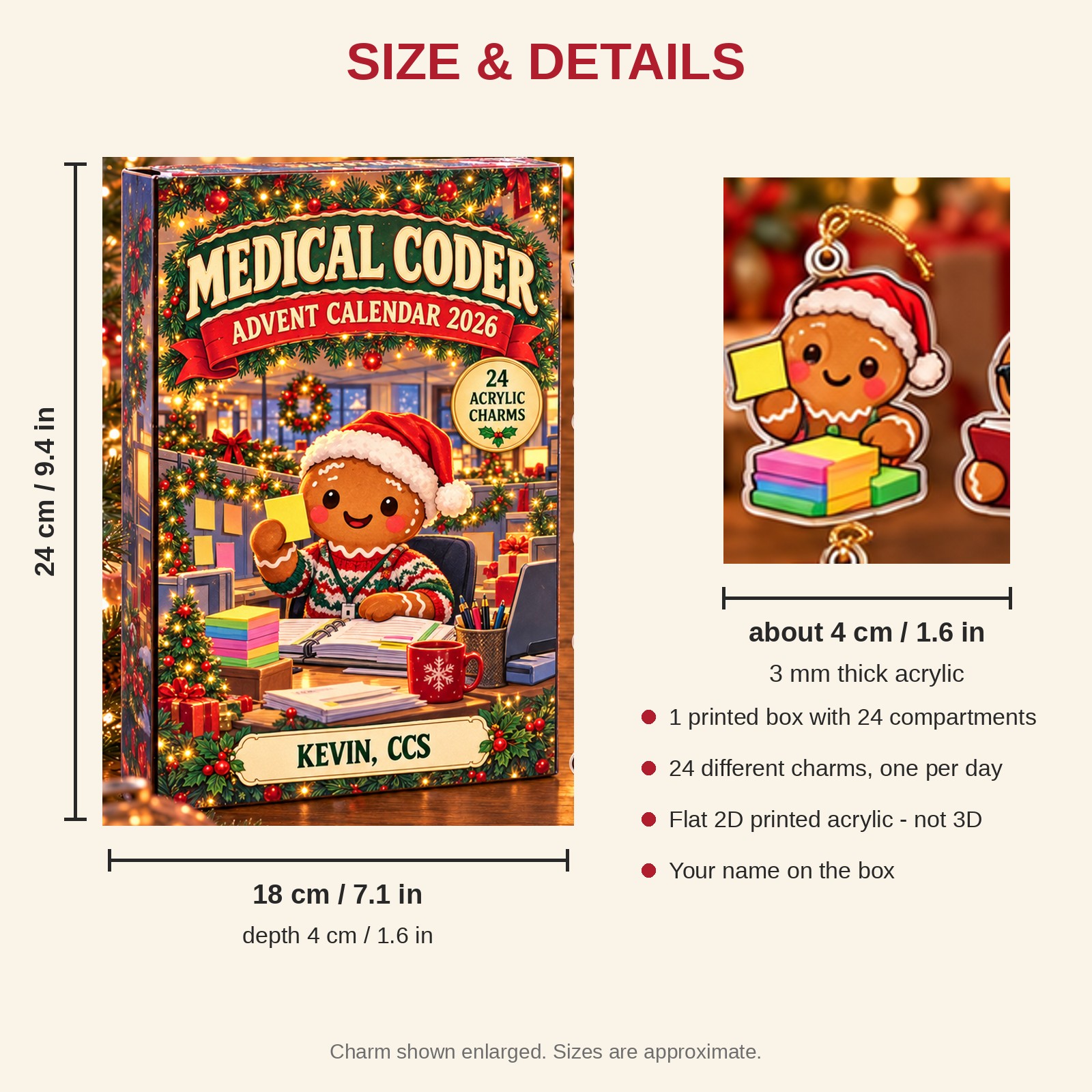Personalized Gingerbread Medical Coder advent calendar box with 24 flat acrylic Christmas charms: box and charm sizes