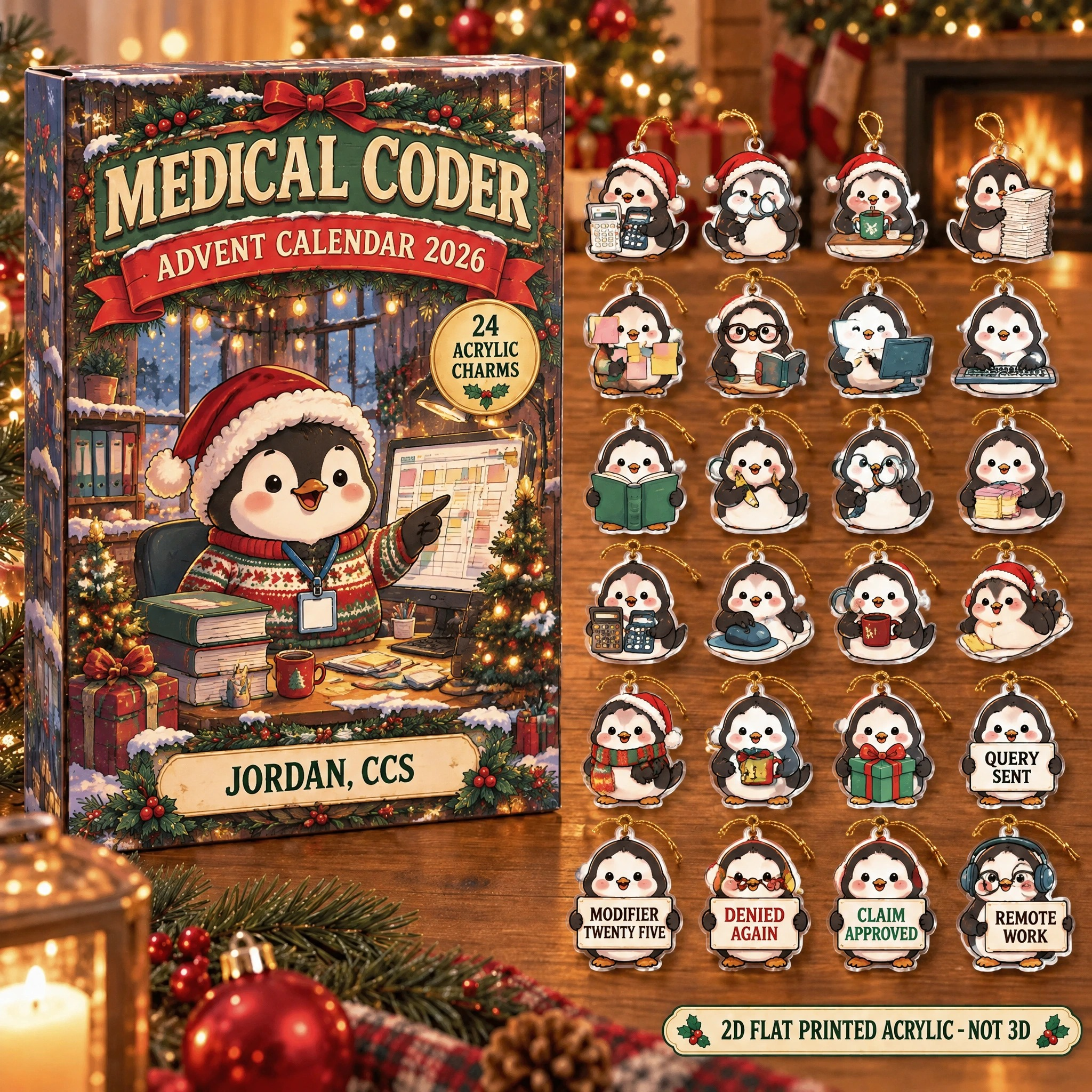 Personalized Medical Coder Penguin advent calendar box with 24 flat acrylic Christmas charms