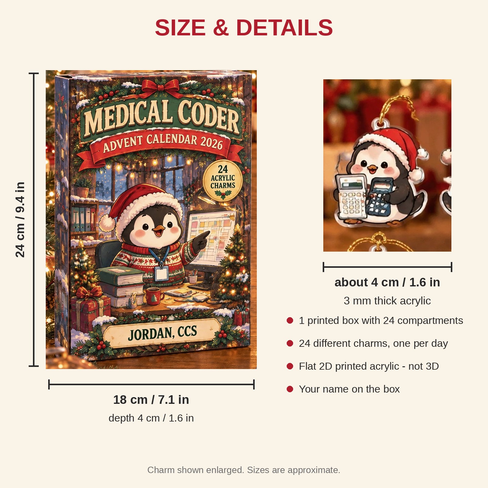 Personalized Medical Coder Penguin advent calendar box with 24 flat acrylic Christmas charms: box and charm sizes