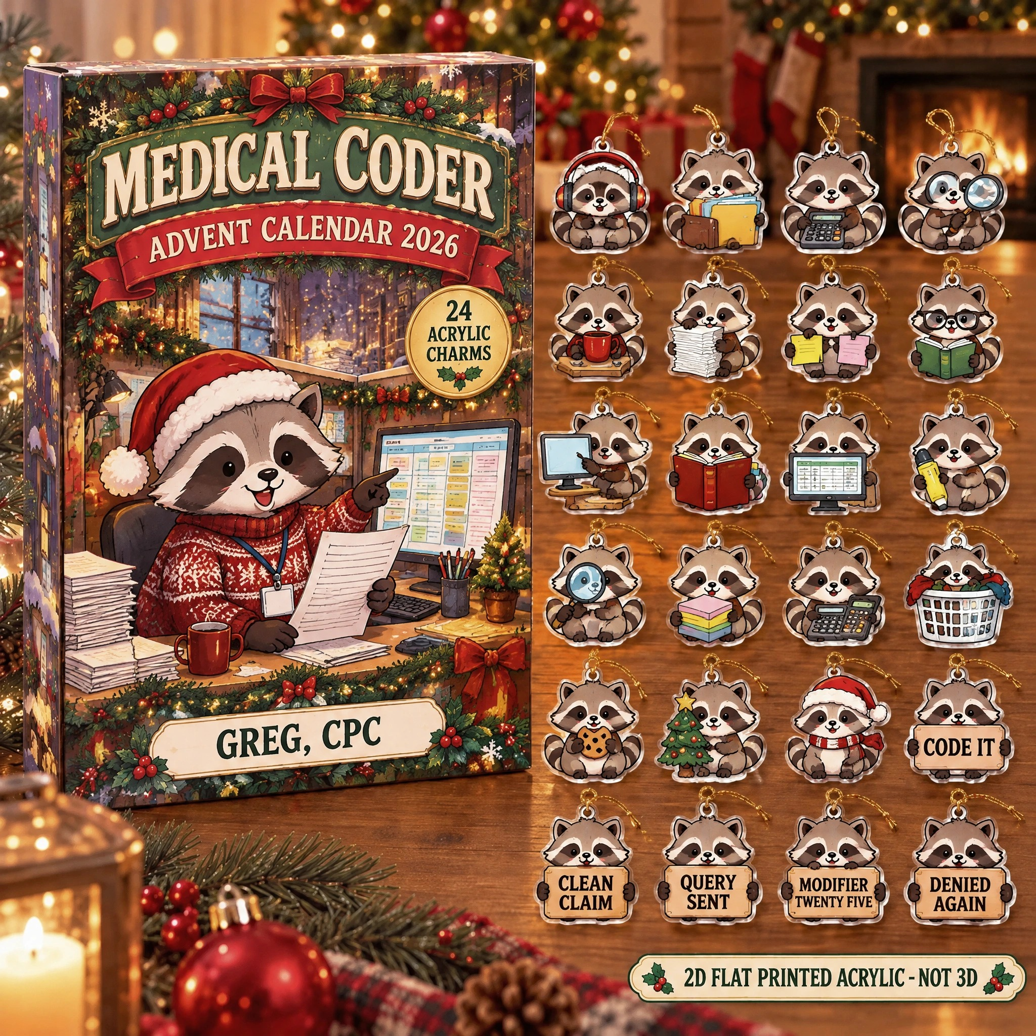 Personalized Medical Coder Raccoon advent calendar box with 24 flat acrylic Christmas charms