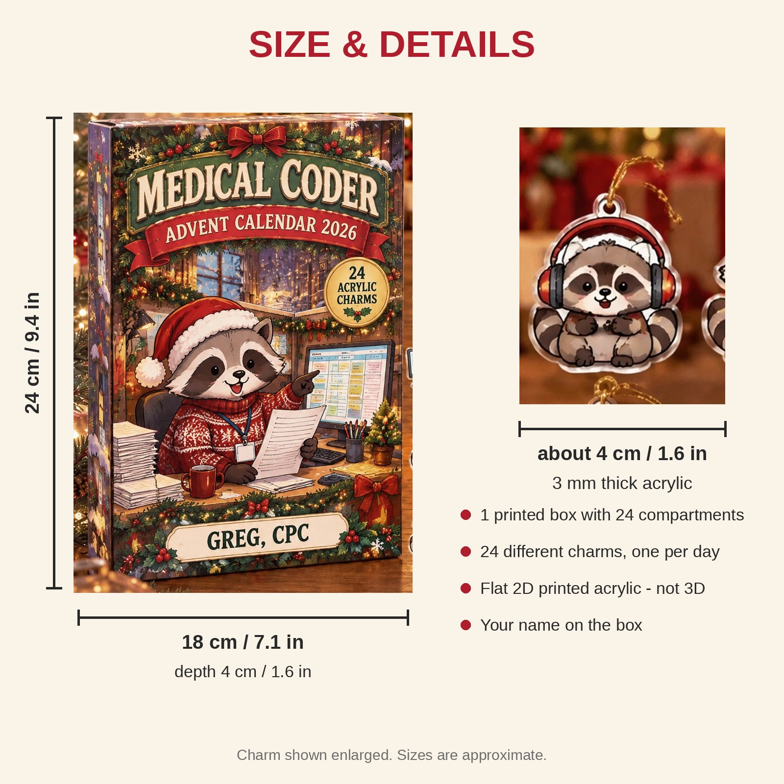 Personalized Medical Coder Raccoon advent calendar box with 24 flat acrylic Christmas charms: box and charm sizes
