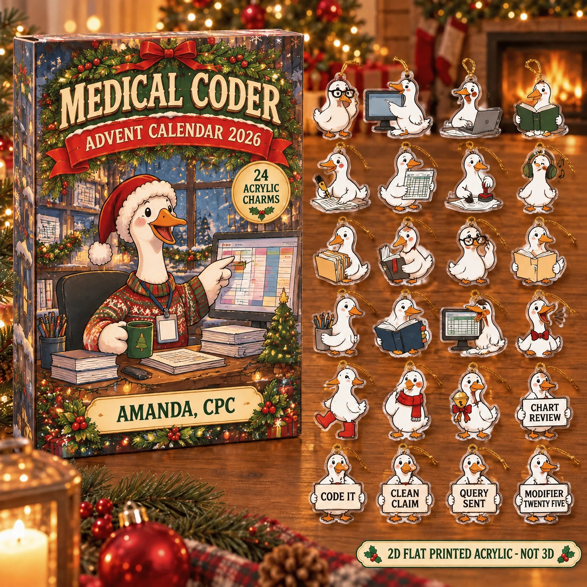 Personalized Medical Coder Silly Goose advent calendar box with 24 flat acrylic Christmas charms