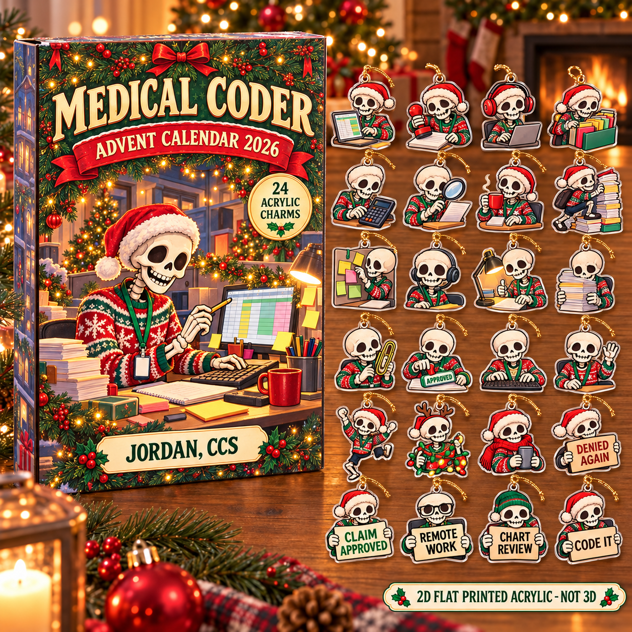 Personalized Medical Coder Skeleton advent calendar box with 24 flat acrylic Christmas charms