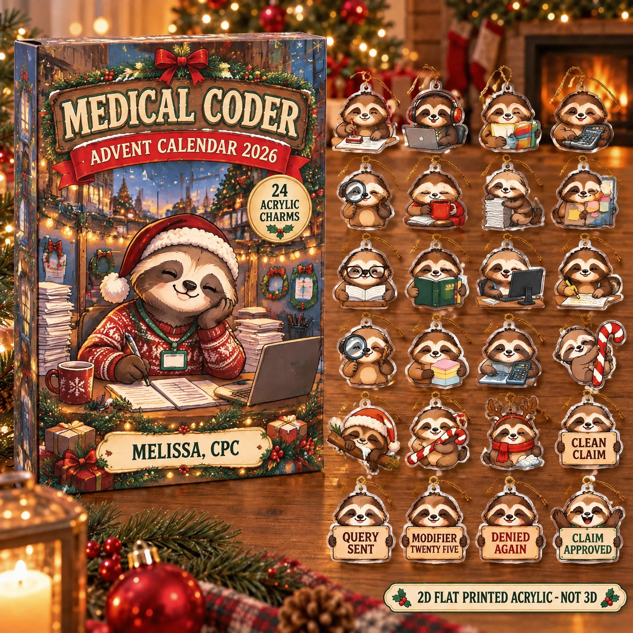 Personalized Medical Coder Sloth advent calendar box with 24 flat acrylic Christmas charms