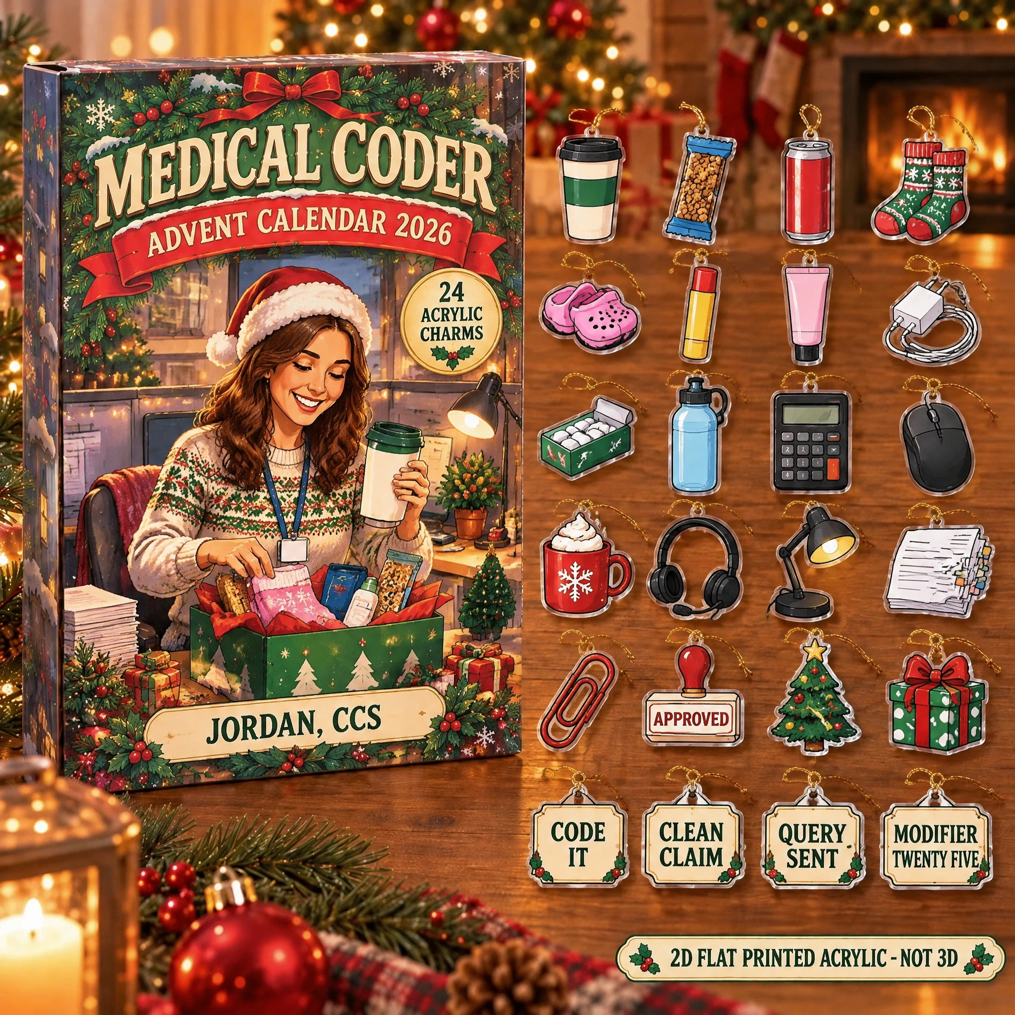 Personalized Medical Coder Survival Kit advent calendar box with 24 flat acrylic Christmas charms