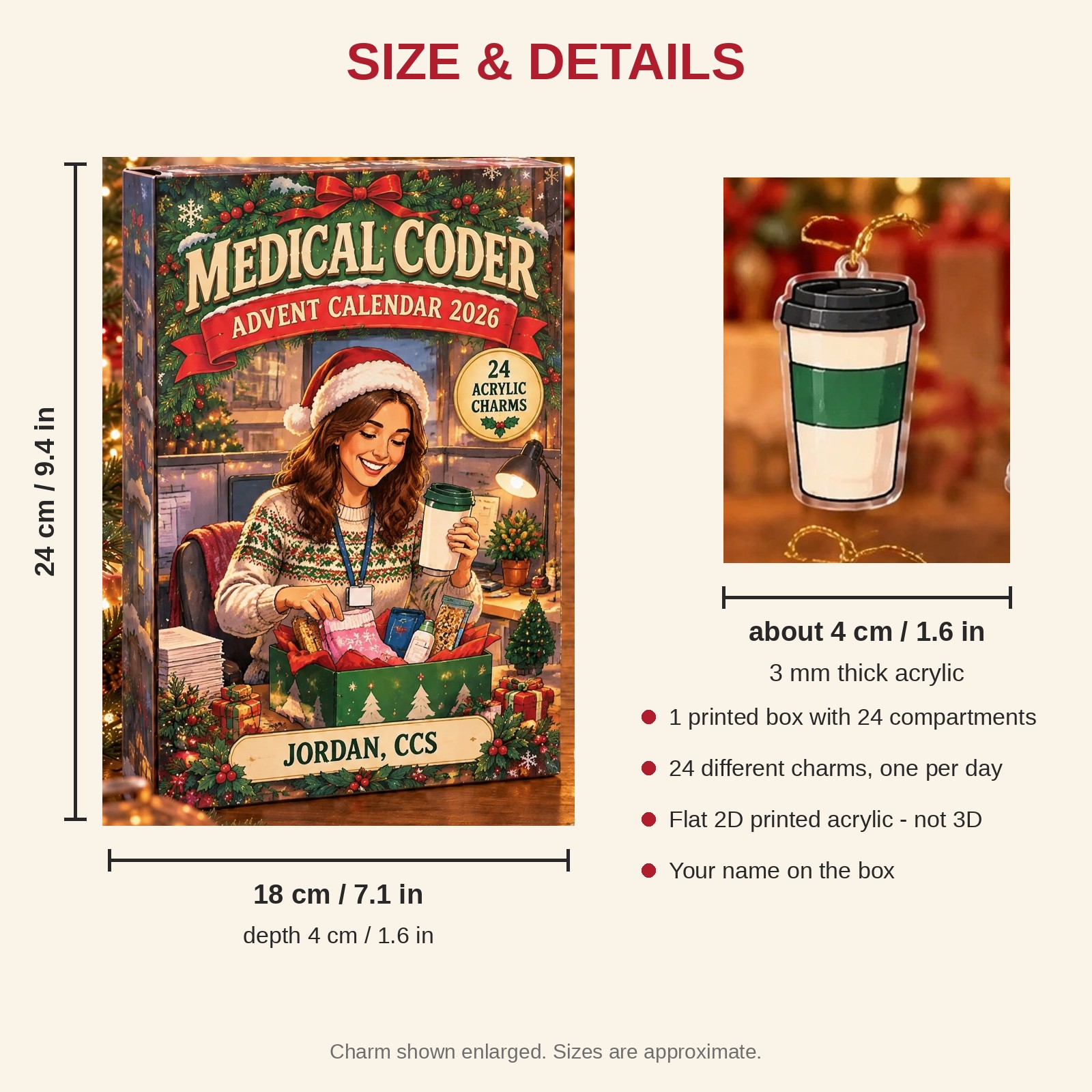 Personalized Medical Coder Survival Kit advent calendar box with 24 flat acrylic Christmas charms: box and charm sizes