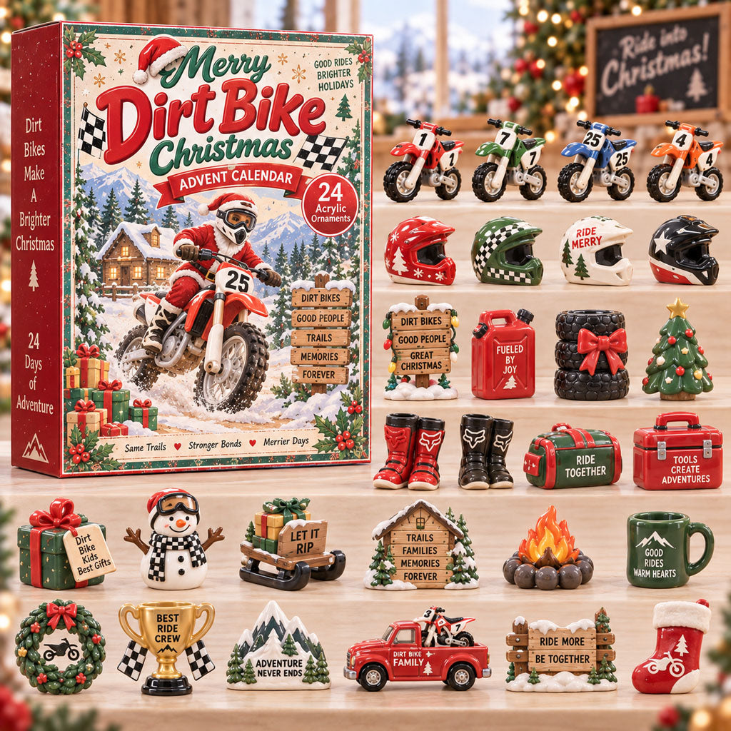 Merry Dirt Bike advent calendar box with 24 acrylic Christmas charms