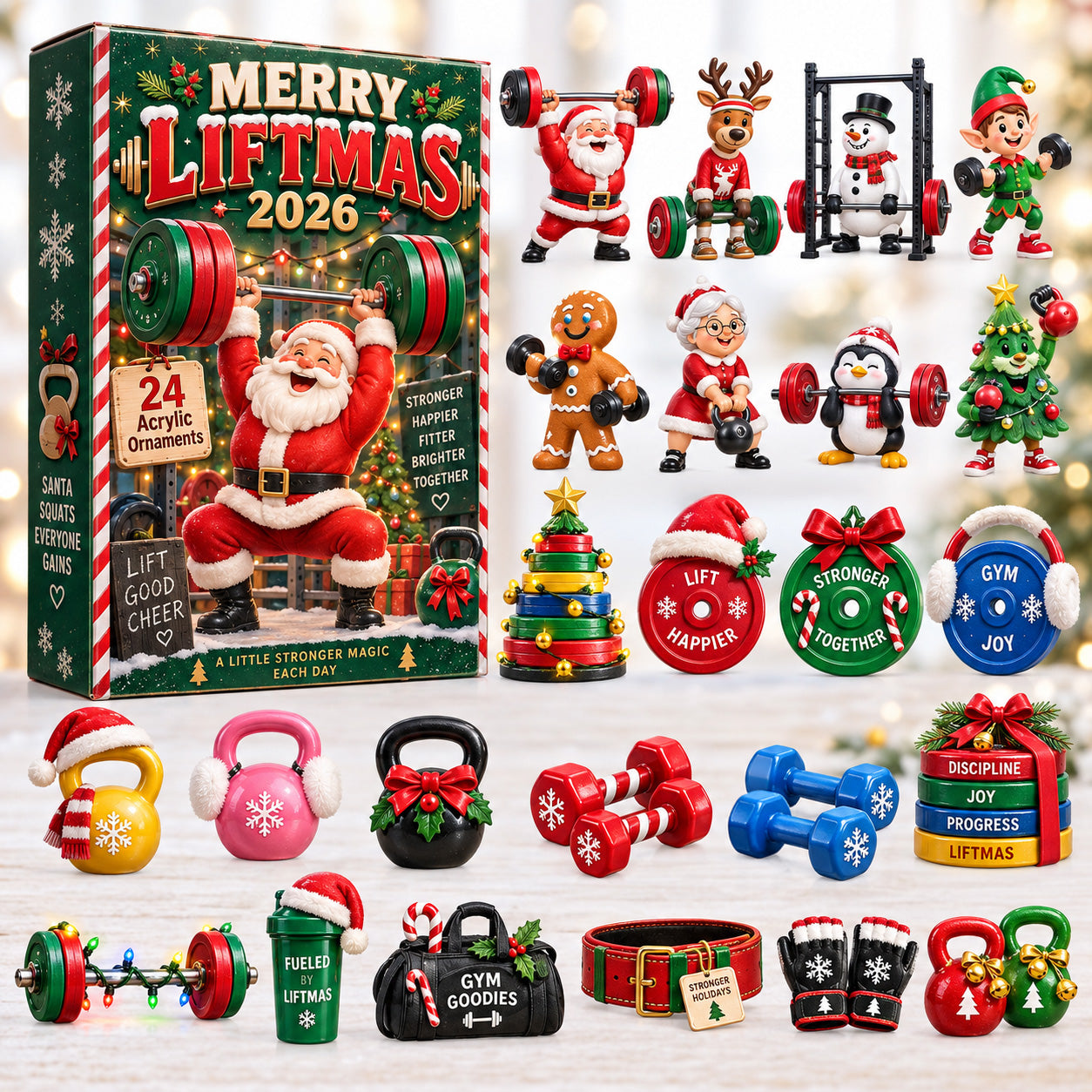 Merry Liftmas advent calendar box with 24 acrylic Christmas charms