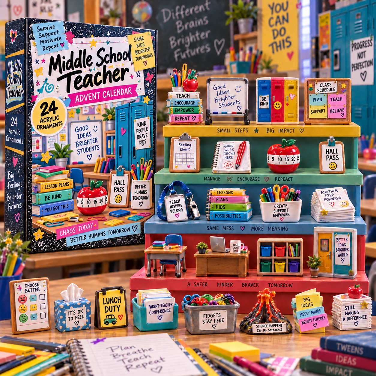 Middle School Teacher advent calendar box with 24 acrylic Christmas charms