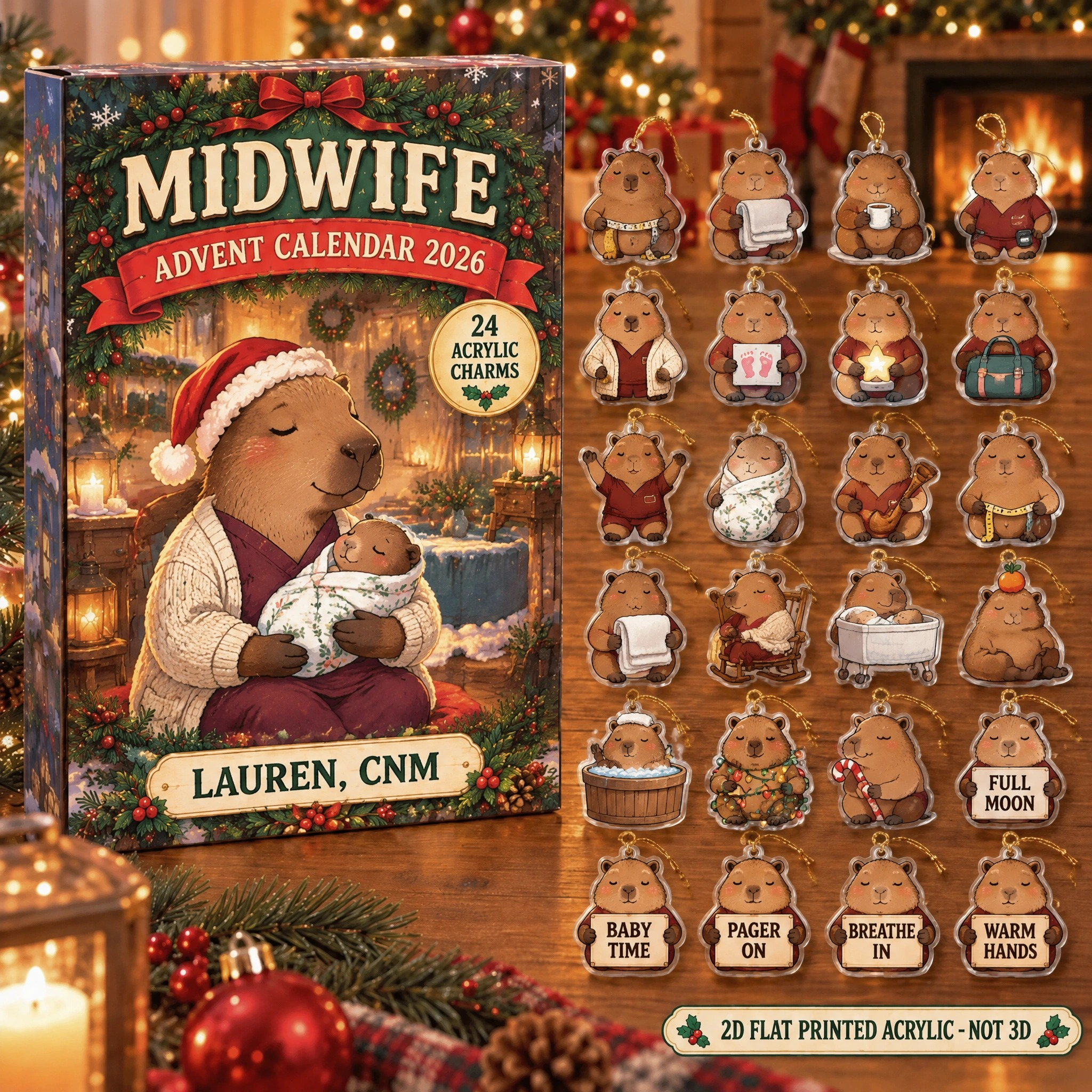 Personalized Midwife Capybara advent calendar box with 24 flat acrylic Christmas charms