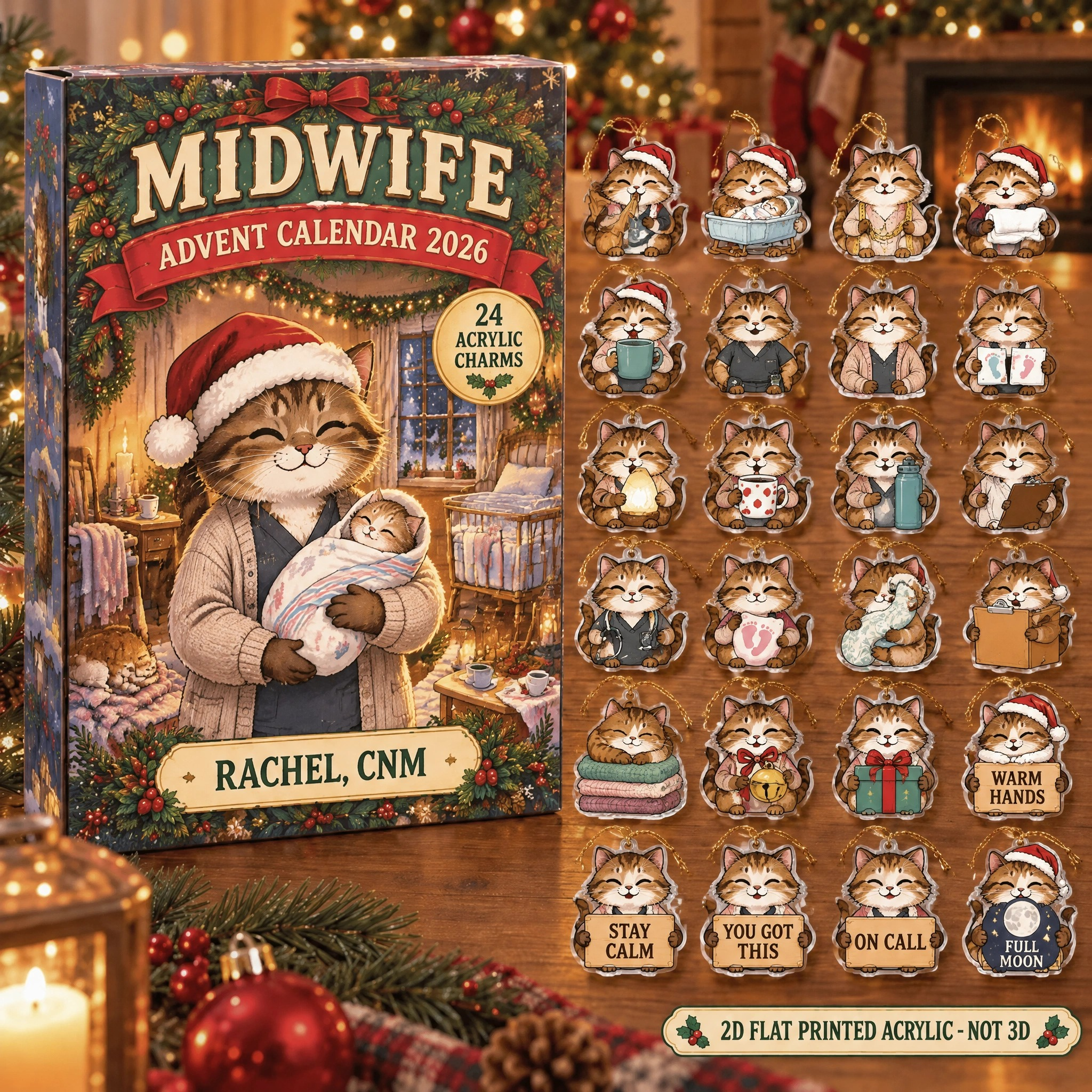 Personalized Midwife Cat advent calendar box with 24 flat acrylic Christmas charms