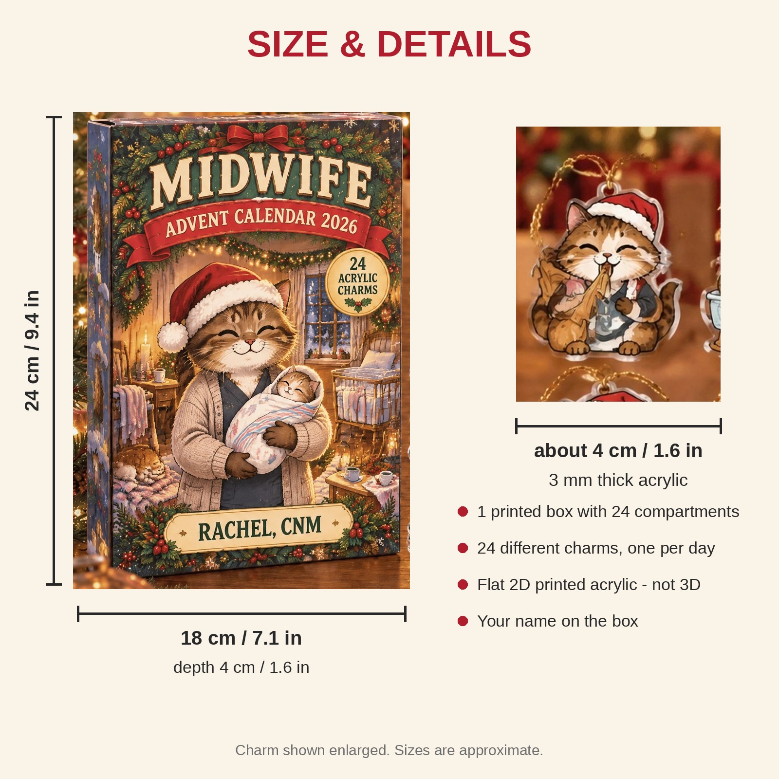 Personalized Midwife Cat advent calendar box with 24 flat acrylic Christmas charms: box and charm sizes