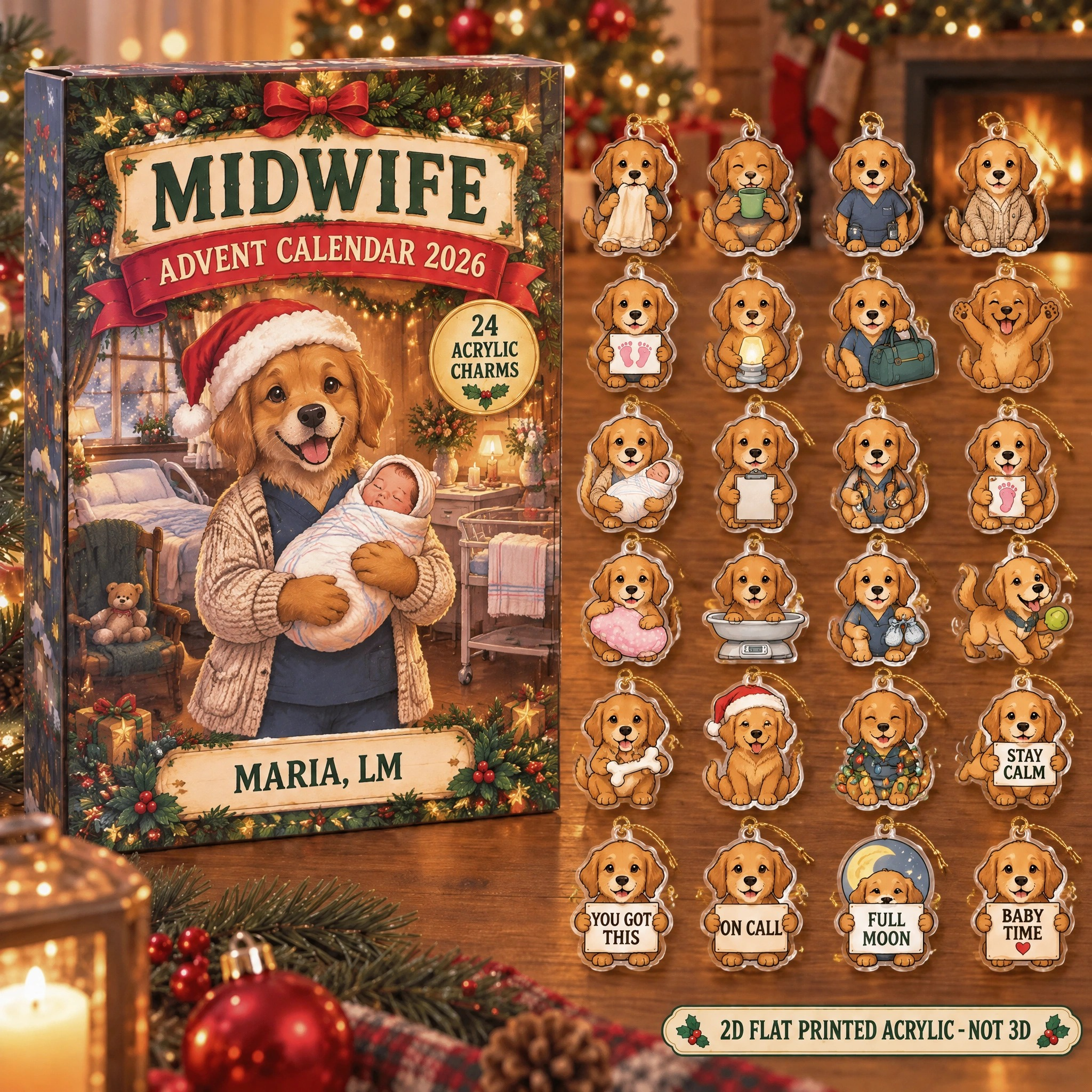 Personalized Midwife Dog advent calendar box with 24 flat acrylic Christmas charms