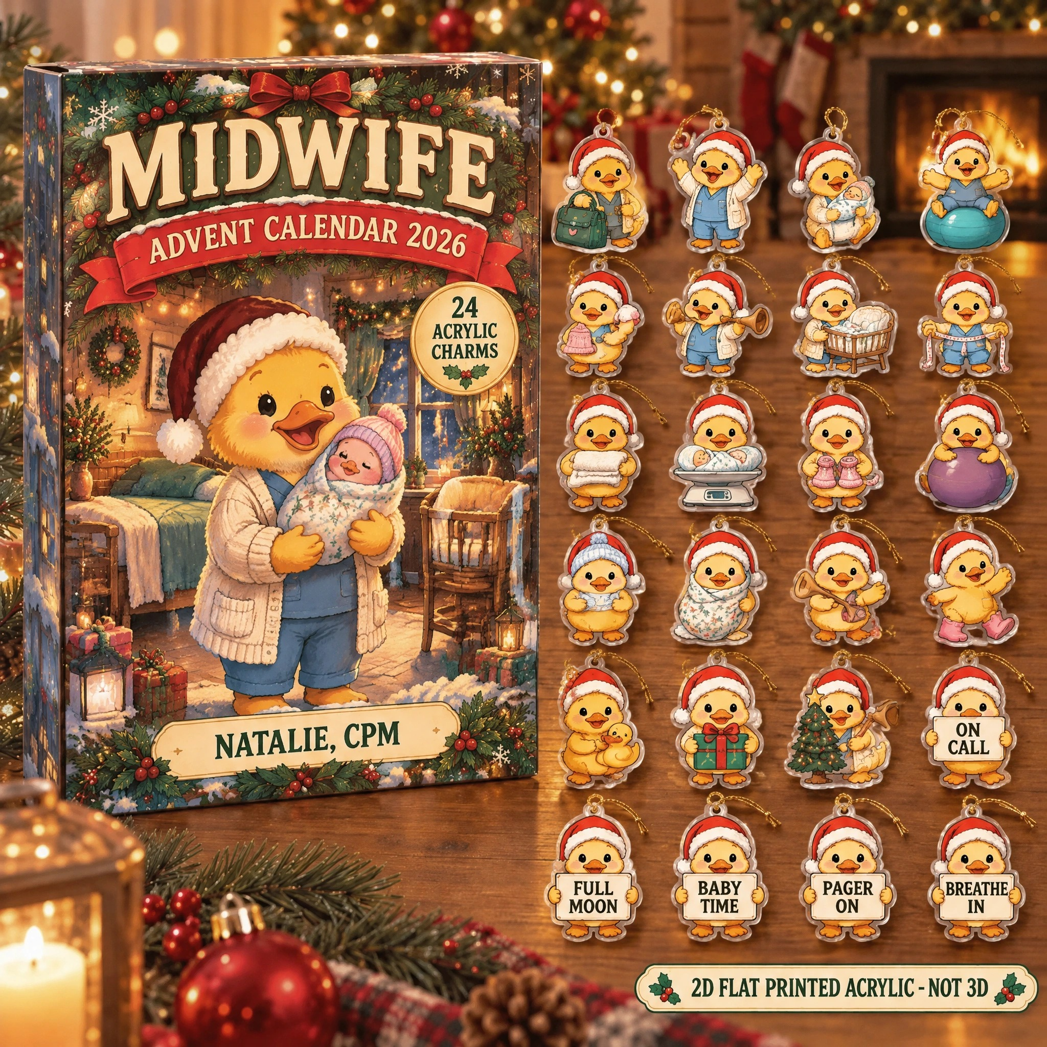 Personalized Midwife Duck advent calendar box with 24 flat acrylic Christmas charms