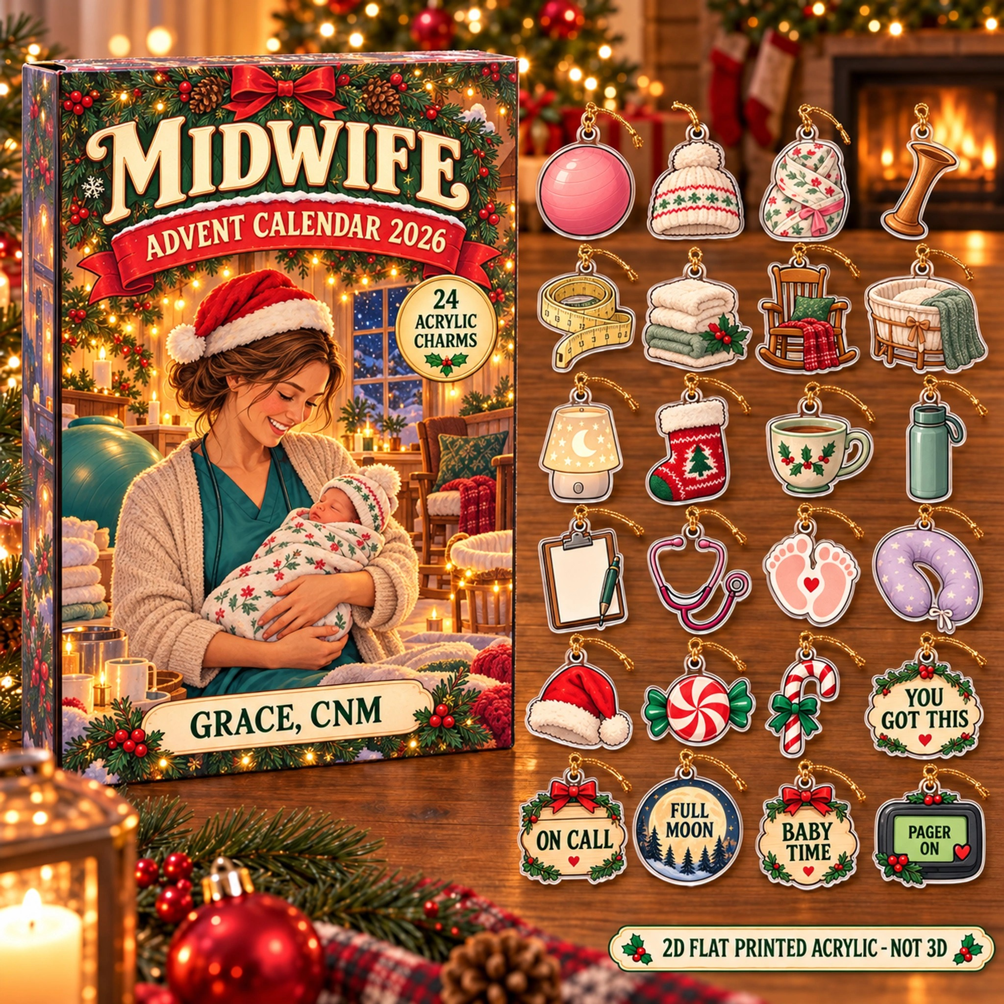 Personalized Midwife Essentials advent calendar box with 24 flat acrylic Christmas charms