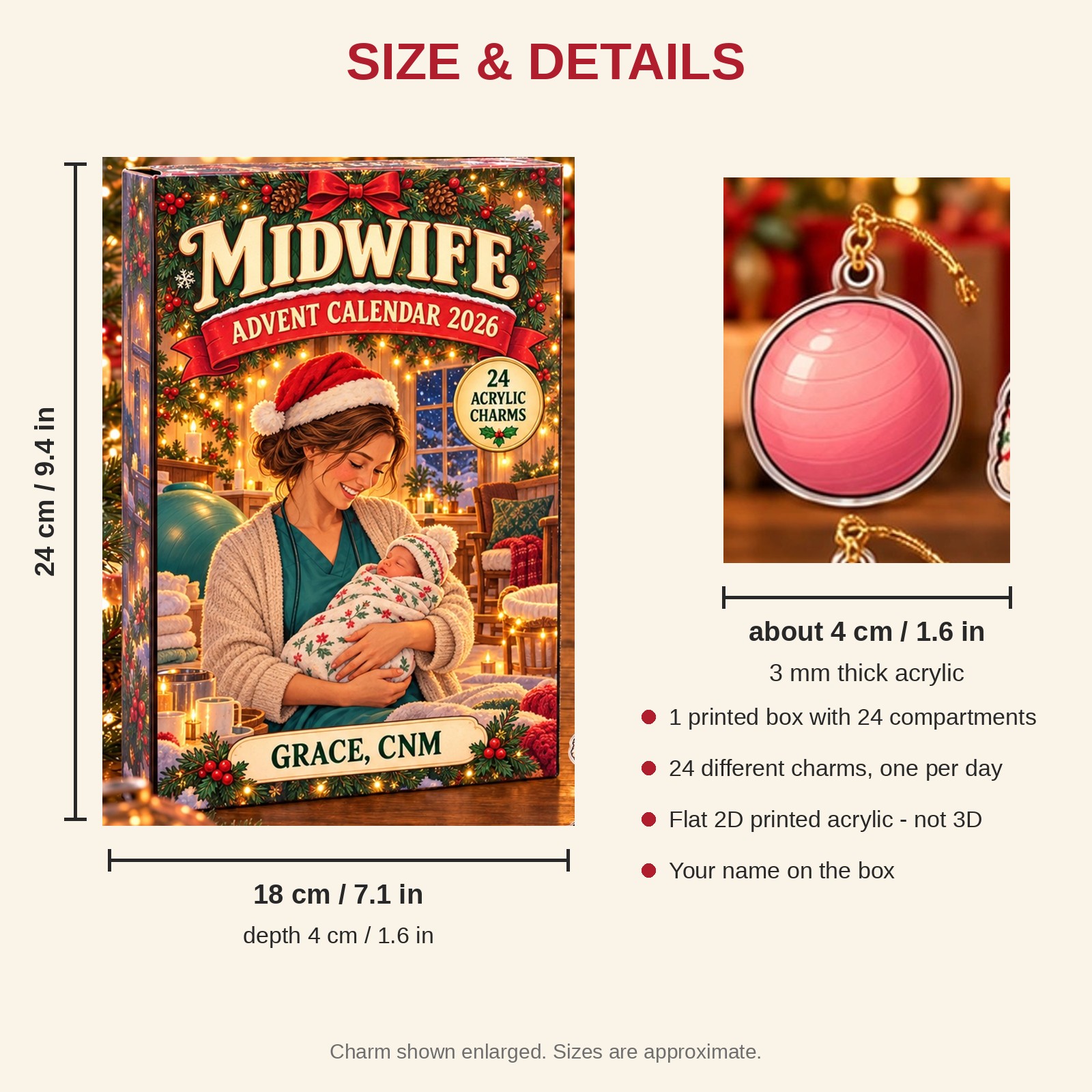 Personalized Midwife Essentials advent calendar box with 24 flat acrylic Christmas charms: box and charm sizes