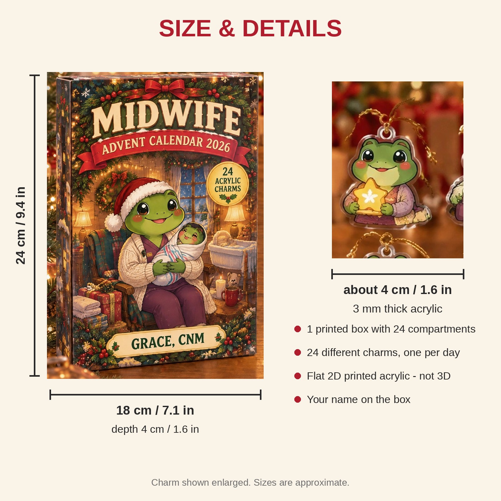 Personalized Midwife Frog advent calendar box with 24 flat acrylic Christmas charms: box and charm sizes