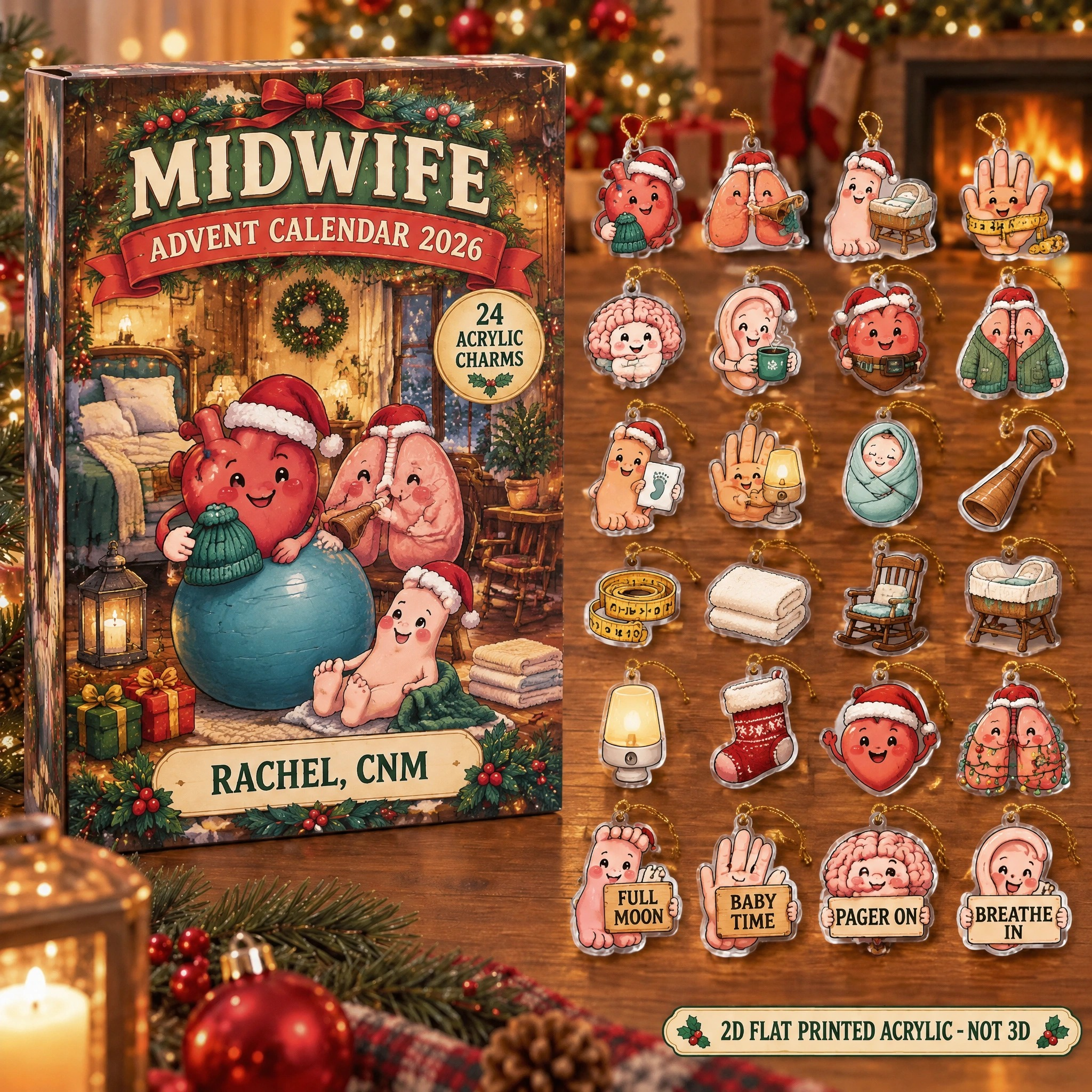 Personalized Funny Anatomy Midwife advent calendar box with 24 flat acrylic Christmas charms