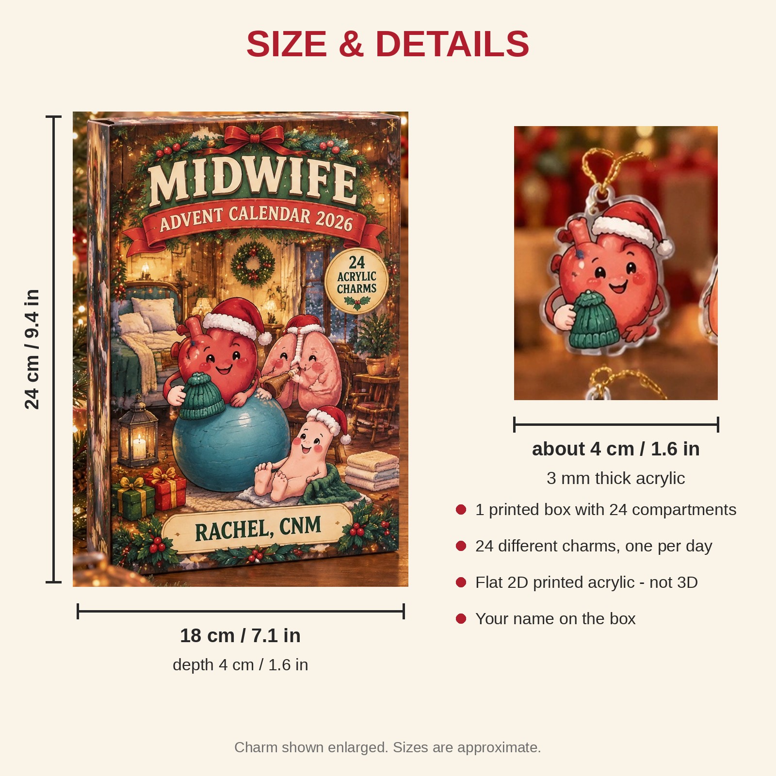 Personalized Funny Anatomy Midwife advent calendar box with 24 flat acrylic Christmas charms: box and charm sizes