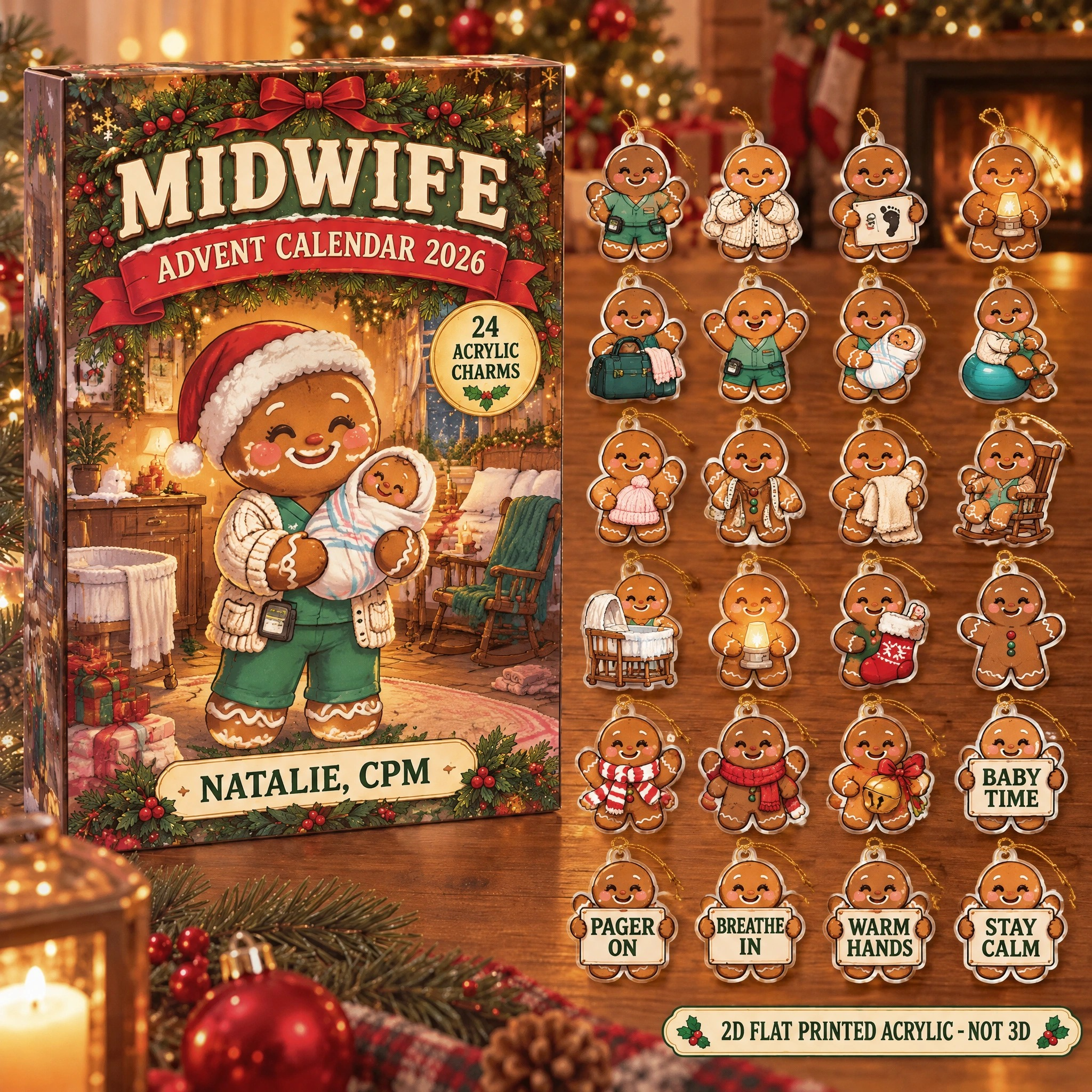 Personalized Gingerbread Midwife advent calendar box with 24 flat acrylic Christmas charms