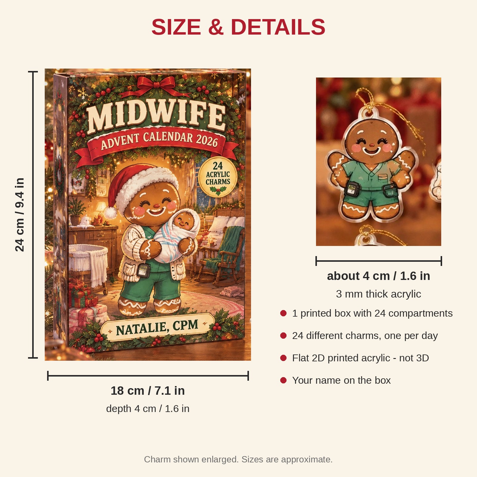 Personalized Gingerbread Midwife advent calendar box with 24 flat acrylic Christmas charms: box and charm sizes