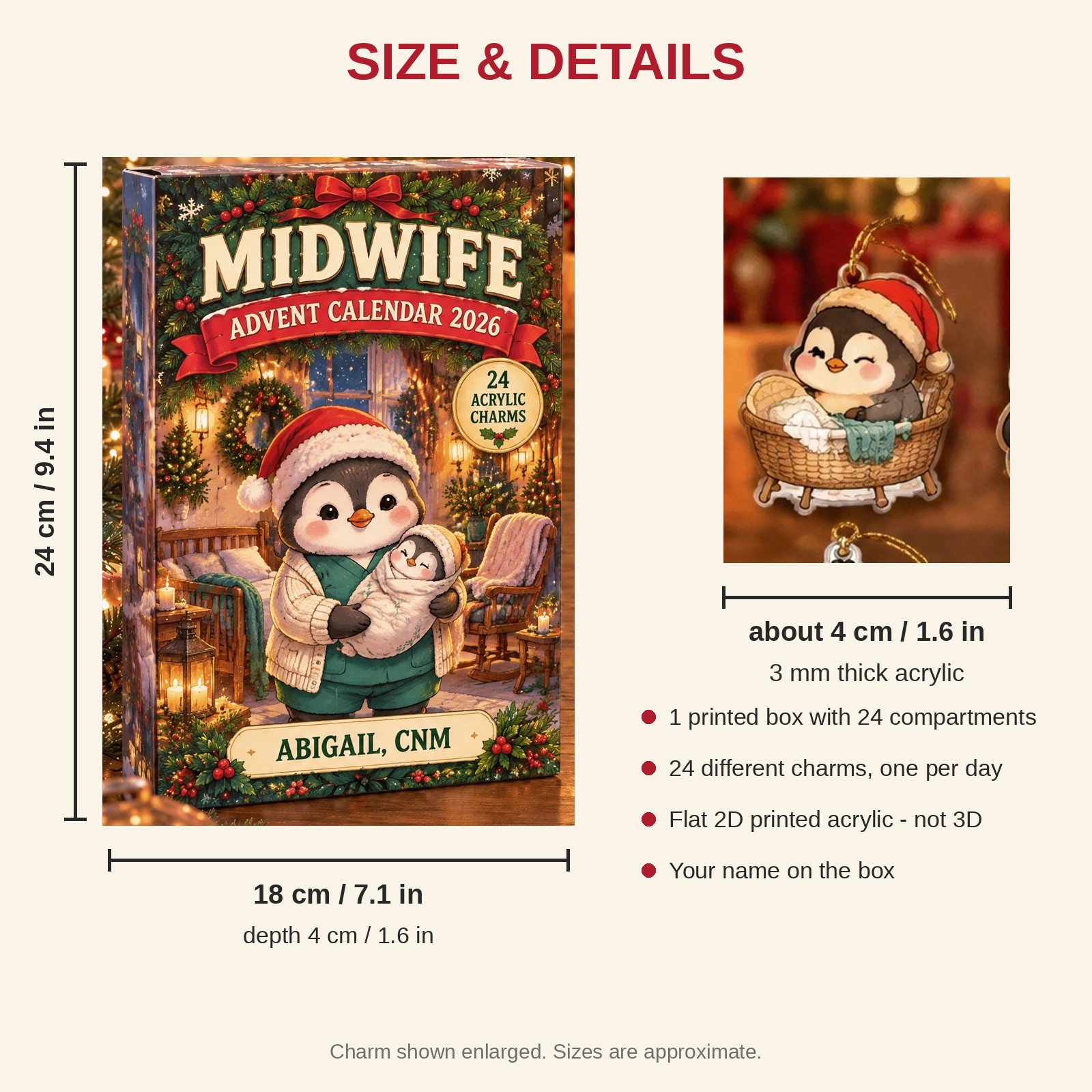 Personalized Midwife Penguin advent calendar box with 24 flat acrylic Christmas charms: box and charm sizes