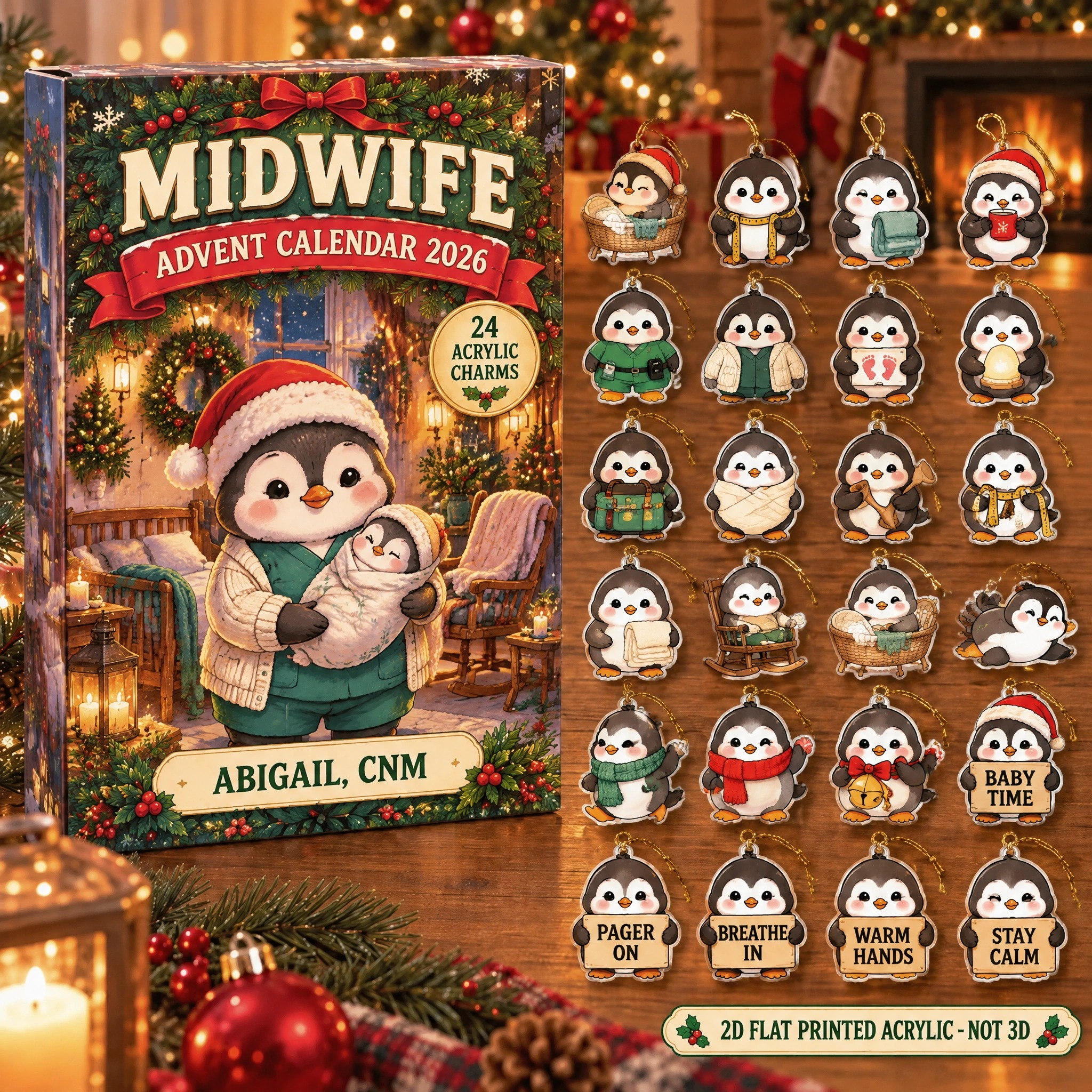 Personalized Midwife Penguin advent calendar box with 24 flat acrylic Christmas charms