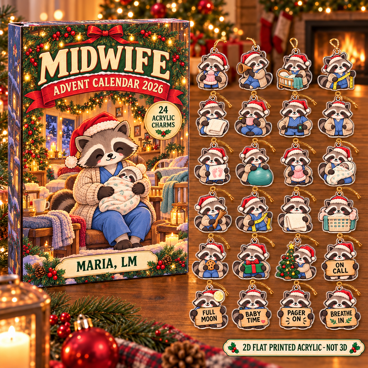 Personalized Midwife Raccoon advent calendar box with 24 flat acrylic Christmas charms