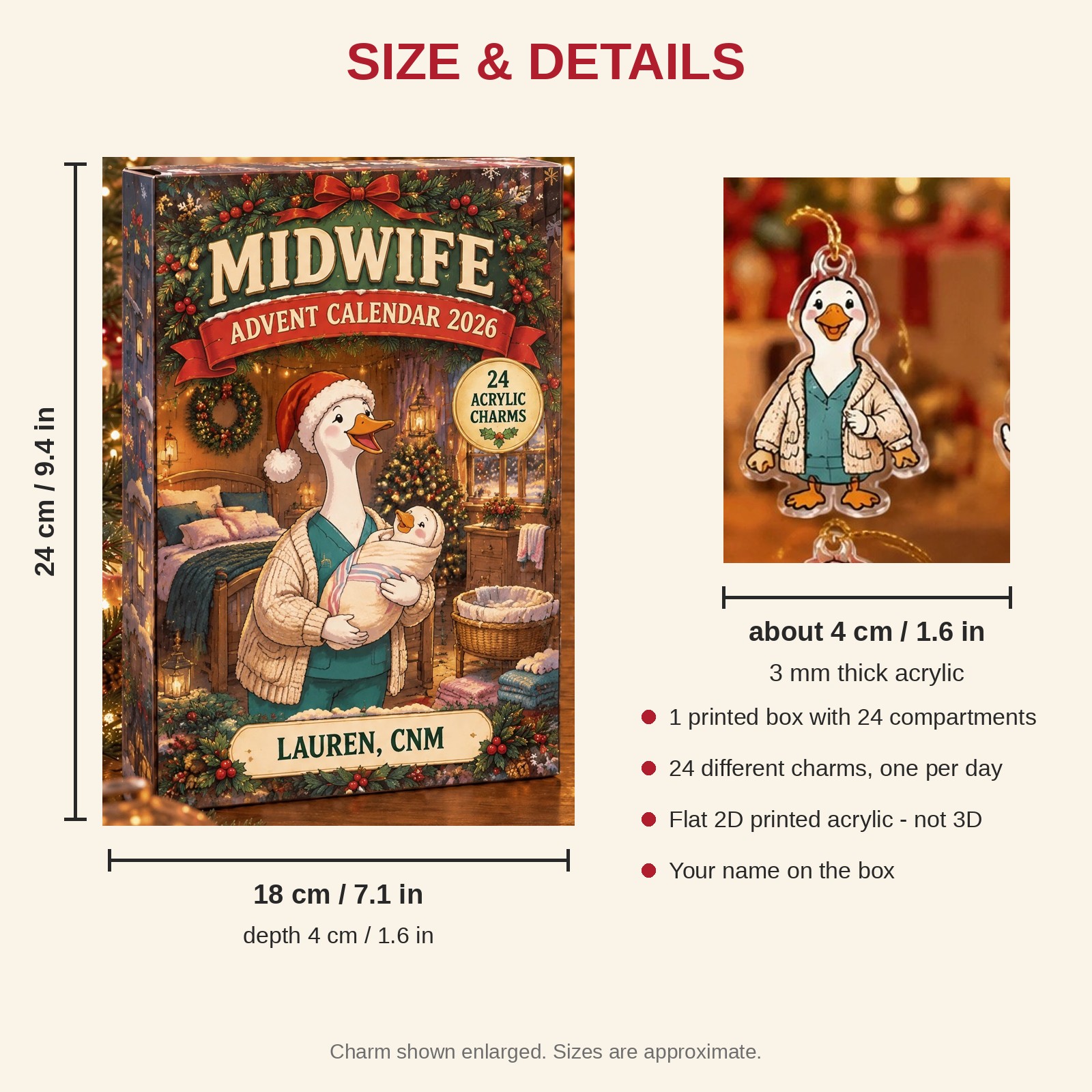 Personalized Midwife Silly Goose advent calendar box with 24 flat acrylic Christmas charms: box and charm sizes