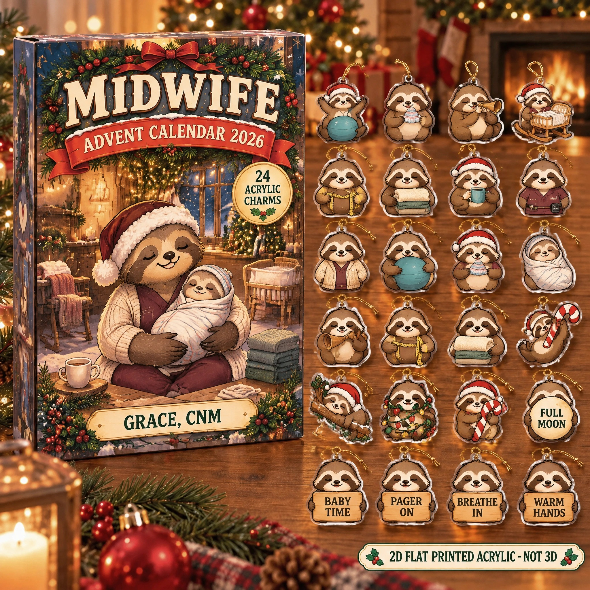 Personalized Midwife Sloth advent calendar box with 24 flat acrylic Christmas charms