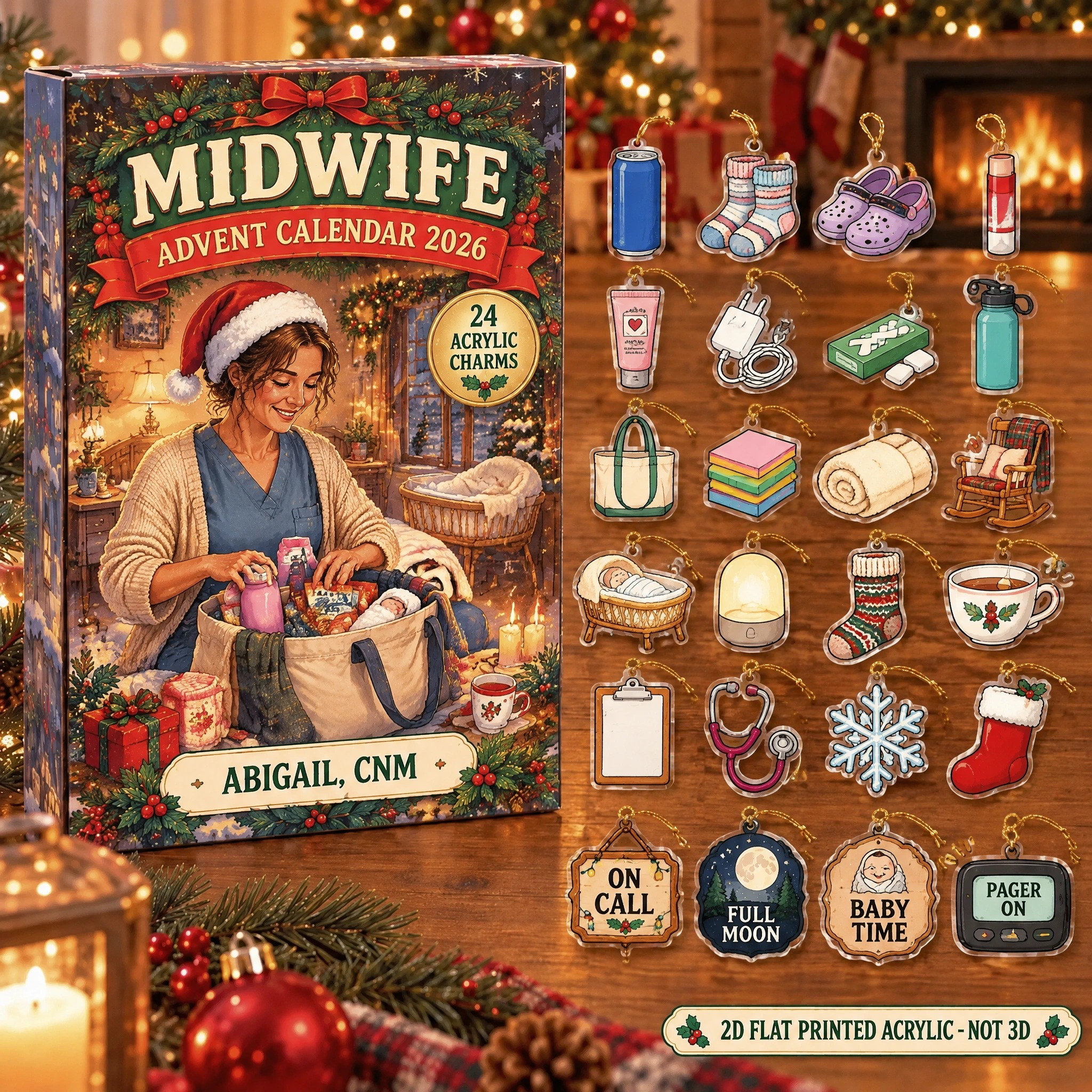 Personalized Midwife Survival Kit advent calendar box with 24 flat acrylic Christmas charms