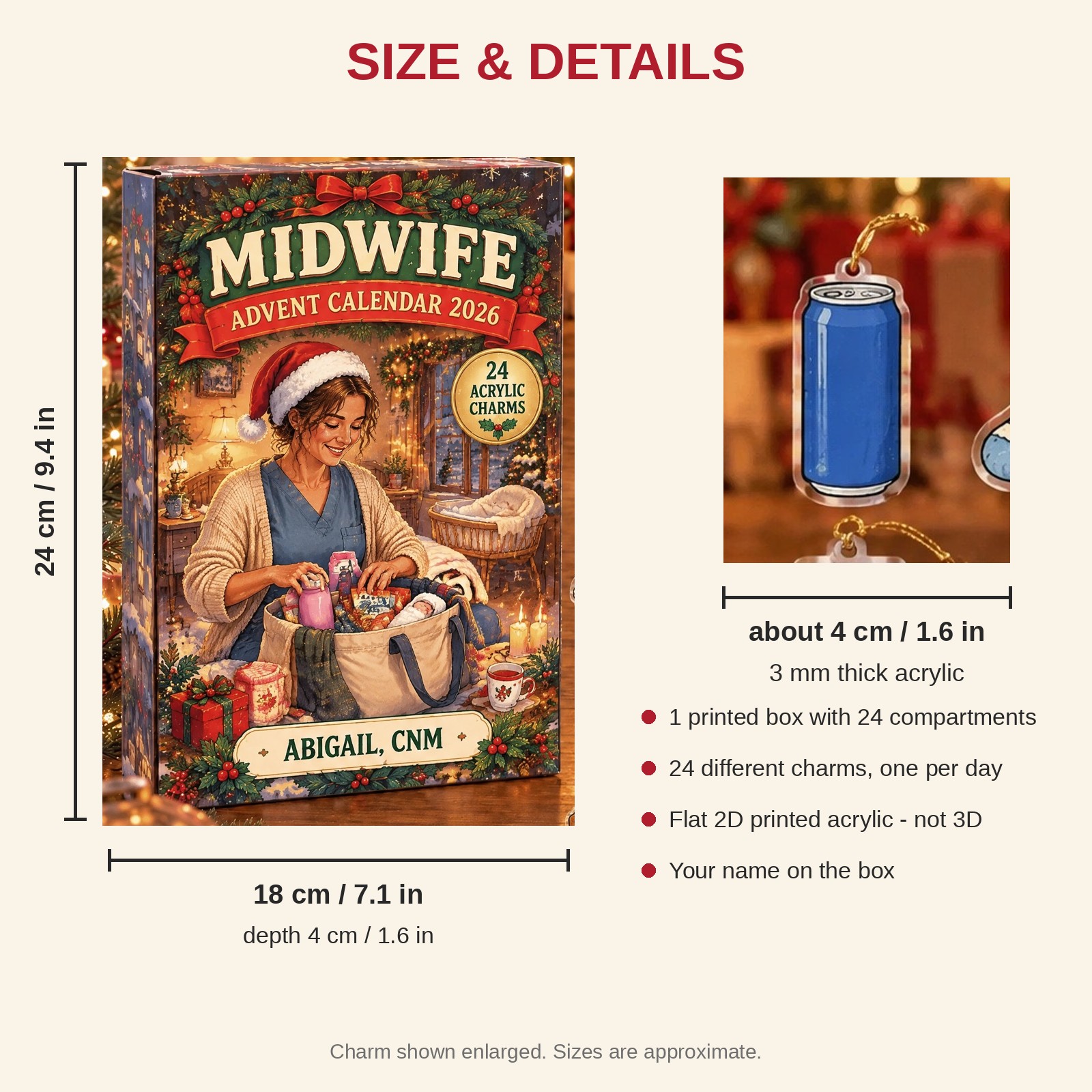 Personalized Midwife Survival Kit advent calendar box with 24 flat acrylic Christmas charms: box and charm sizes