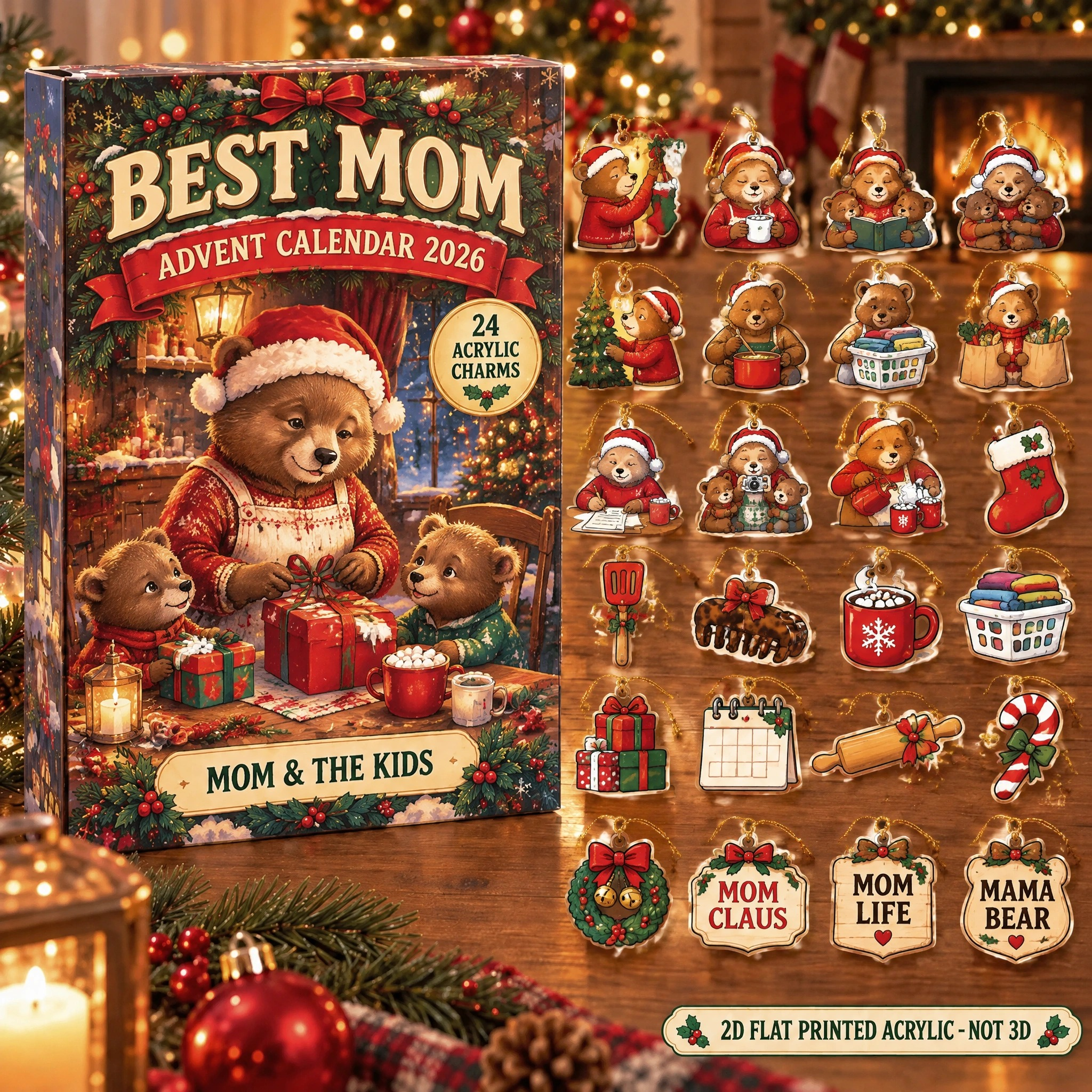 Personalized Mom Bear advent calendar box with 24 flat acrylic Christmas charms