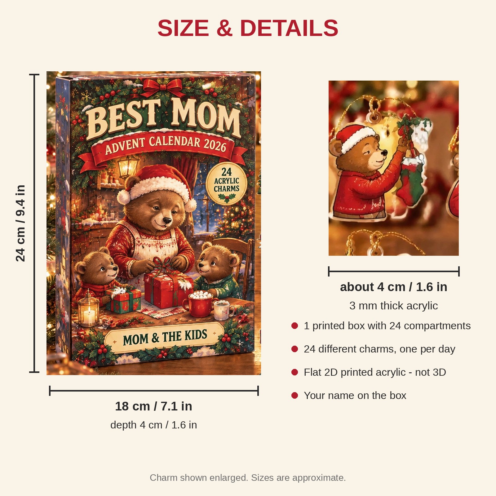 Personalized Mom Bear advent calendar box with 24 flat acrylic Christmas charms: box and charm sizes