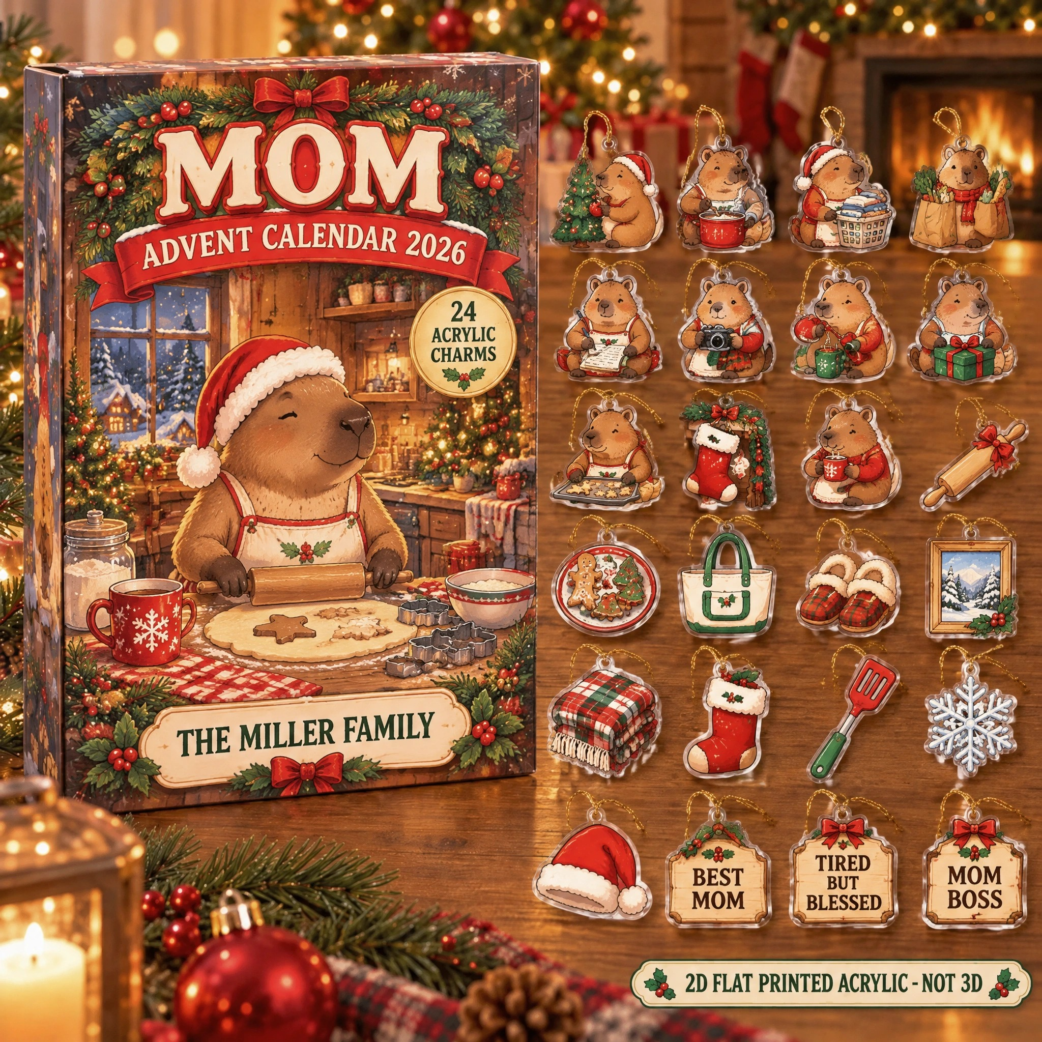 Personalized Mom Capybara advent calendar box with 24 flat acrylic Christmas charms