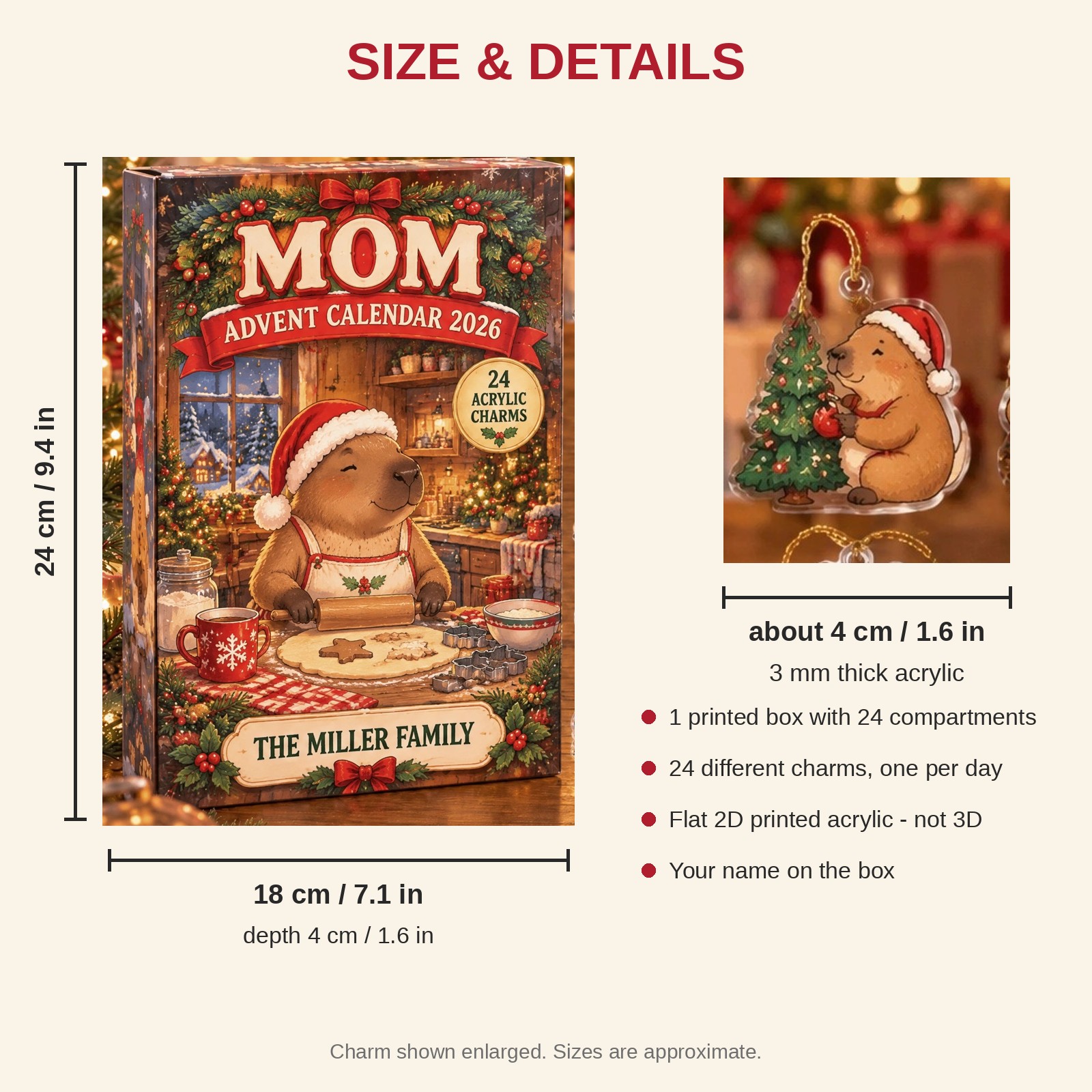 Personalized Mom Capybara advent calendar box with 24 flat acrylic Christmas charms: box and charm sizes