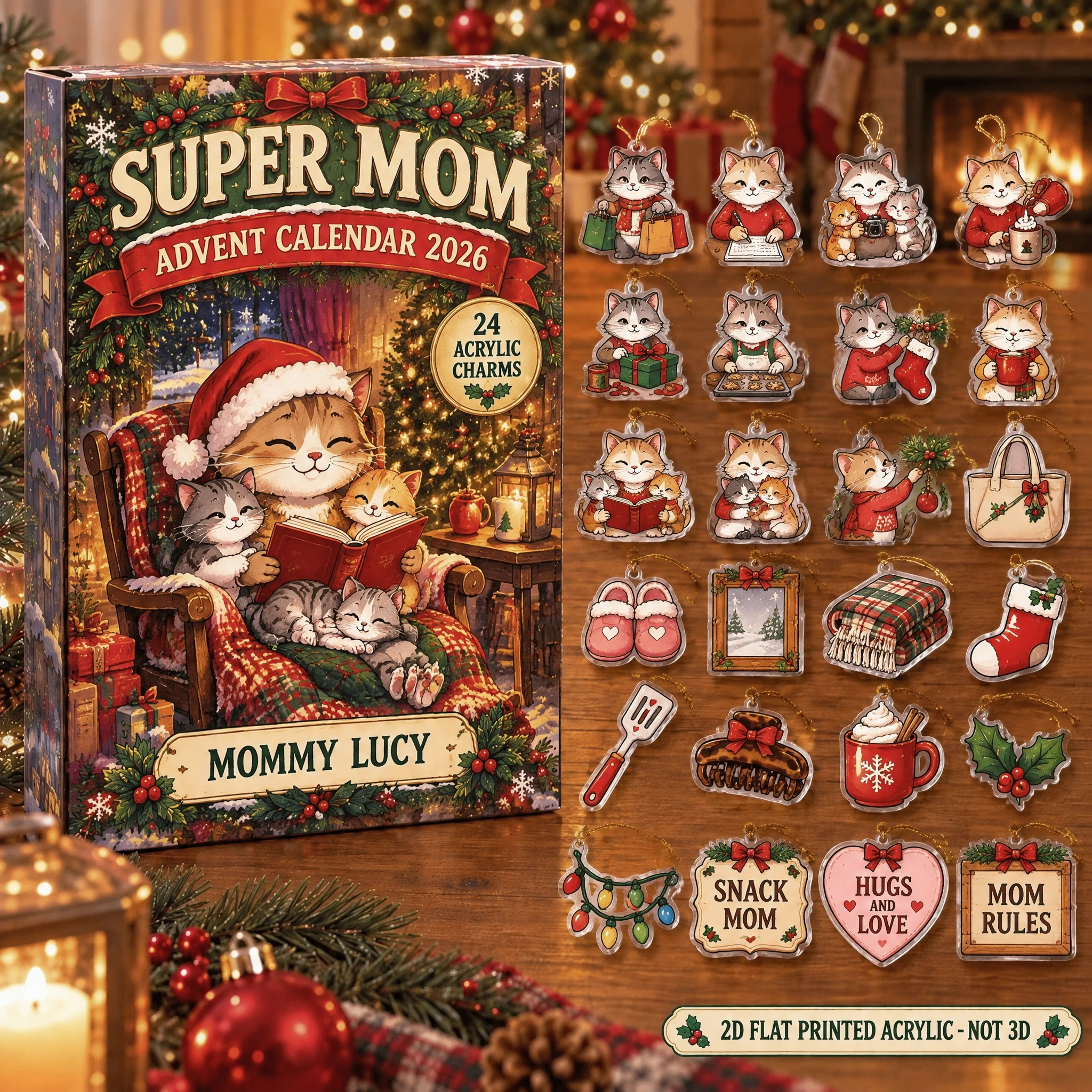 Personalized Mom Cat advent calendar box with 24 flat acrylic Christmas charms